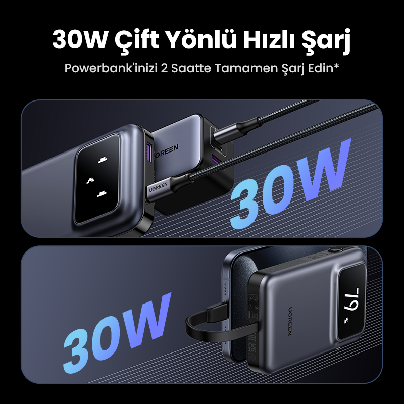 Powerbank şarjı, siyah ve gri, 30W metinli.