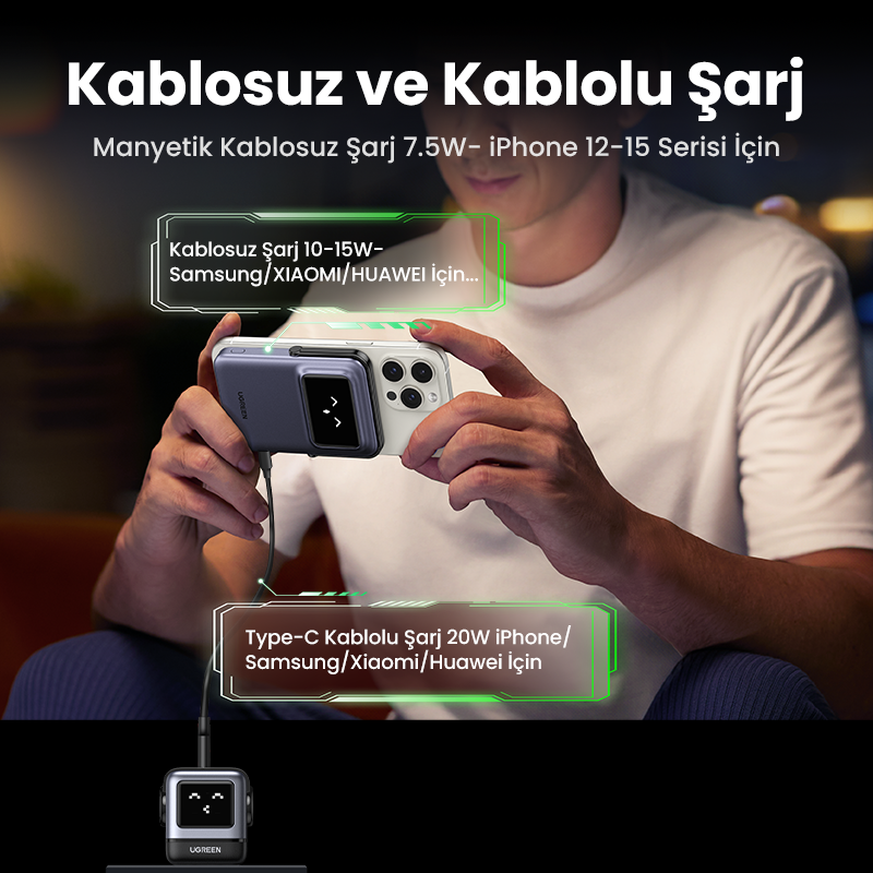 Görüntü: Şarj cihazı takılı bir telefon tutan adam. Kablosuz ve kablolu şarj hakkında metin ve ürün adları.