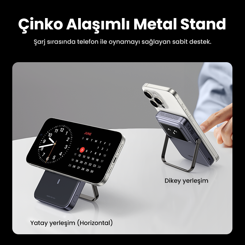 Telefonu yatay ve dikey konumlarda tutan metal bir stand.
