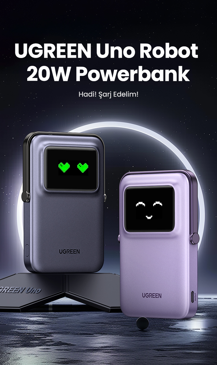 Ekranda yüzleri olan iki UGREEN powerbank, biri mor, diğeri koyu gri.