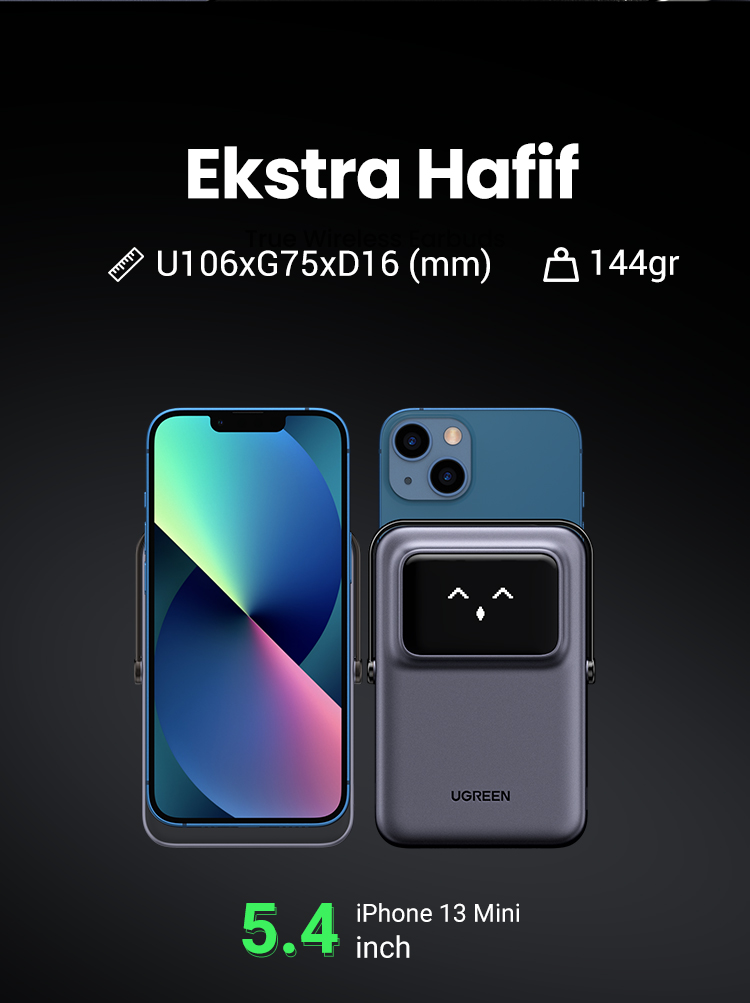 Boyut ve ağırlık bilgileriyle birlikte bir telefonun yanında koyu gri bir powerbank.
