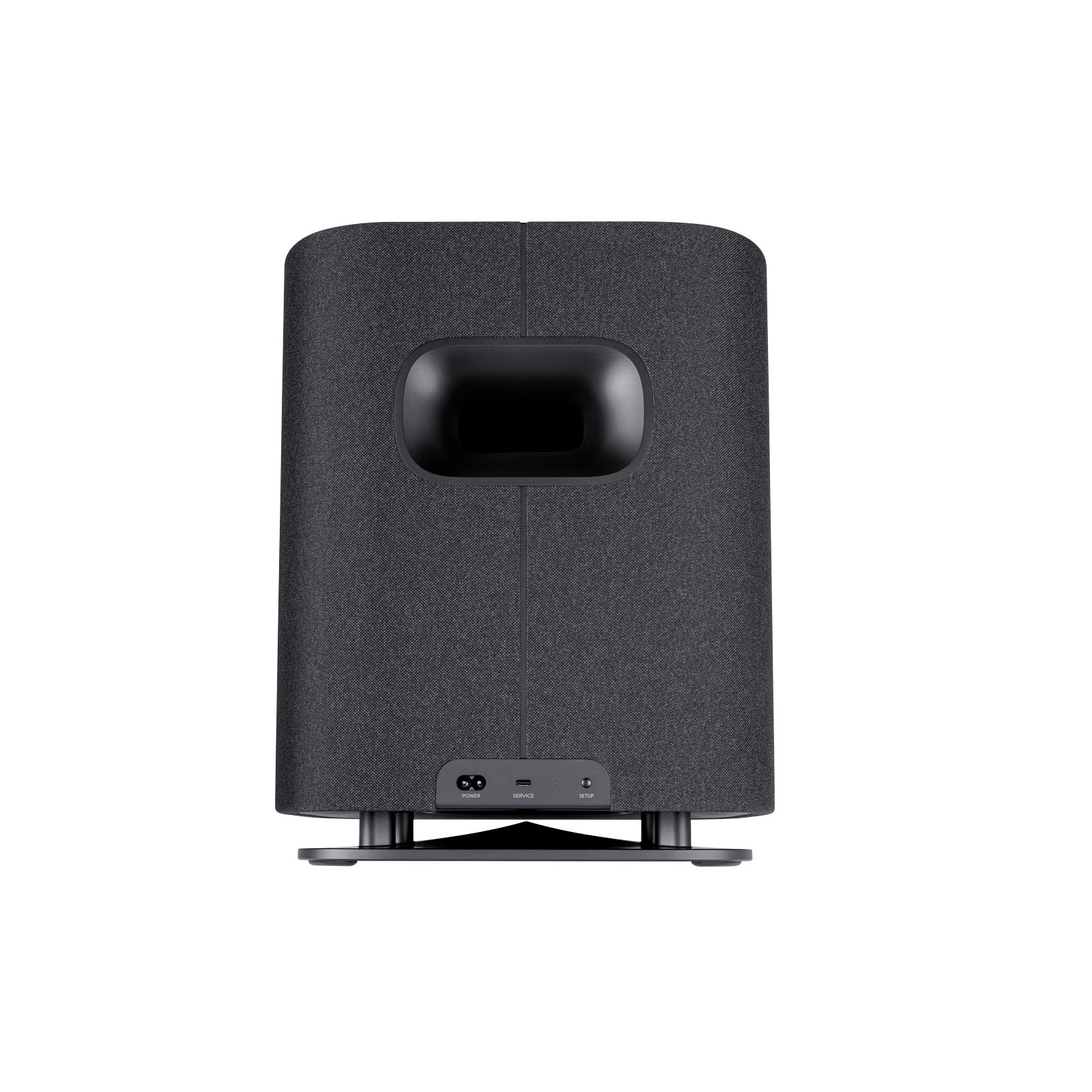 Dokulu bir yüzeye ve yuvarlak kenarlara sahip siyah bir subwoofer. Arka tarafında bağlantı noktaları var. Siyah bir taban üzerinde duruyor.