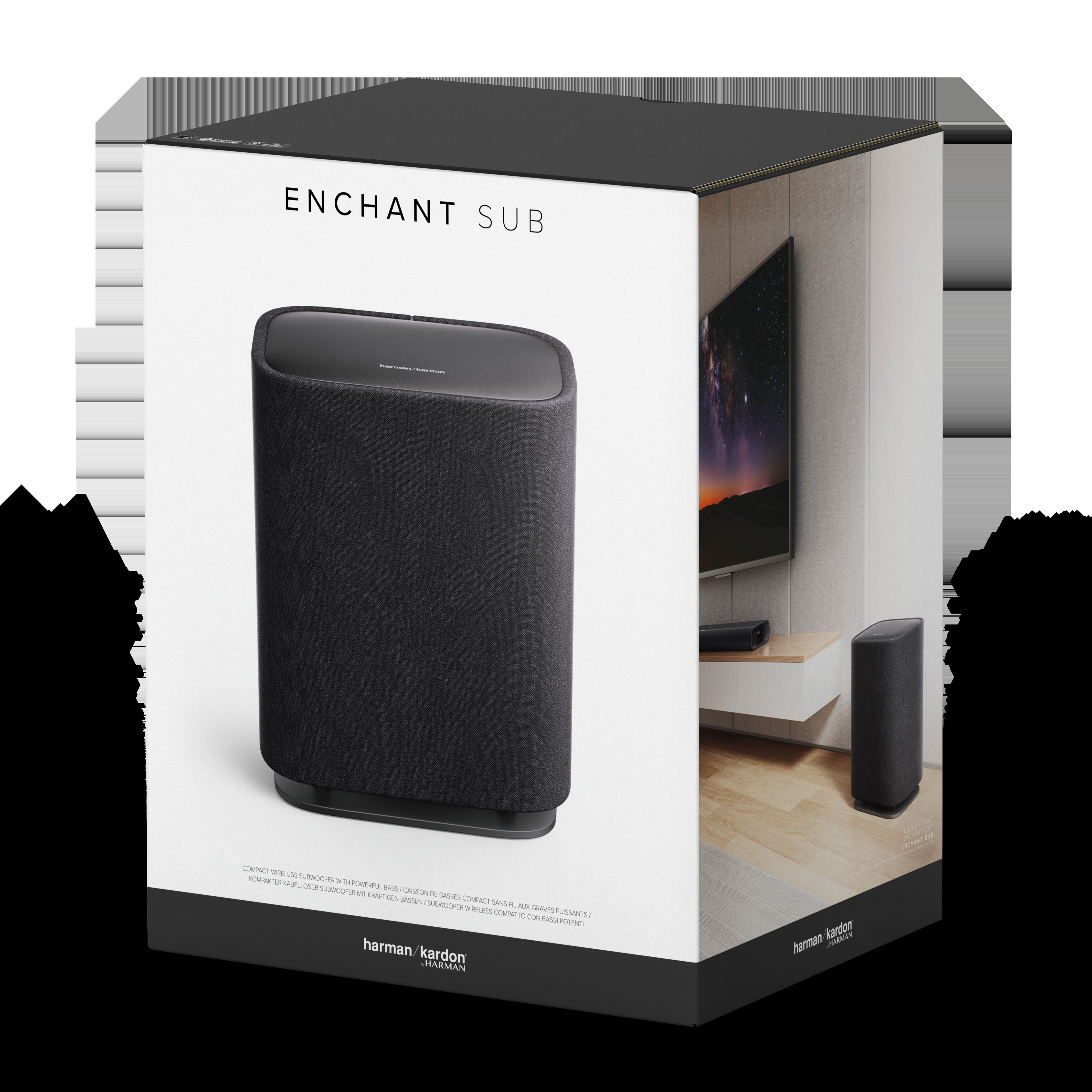 Bir subwoofer içeren kutu. Kutuda subwoofer'ın bir resmi var. Metin: Harman Kardon'dan Enchant Sub.