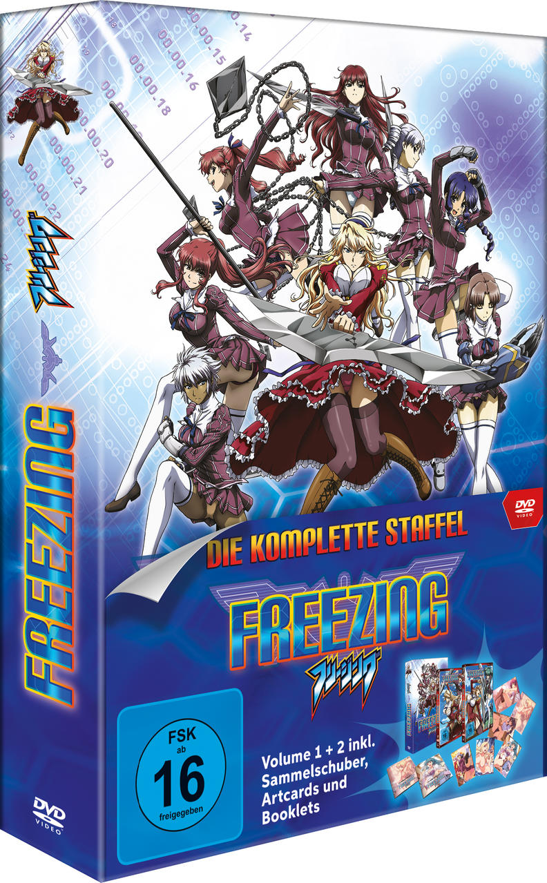Anime-Cover mit verschiedenen Charakteren und dem englischen Titel 'FREEZING'. Das Cover ist für eine DVD.