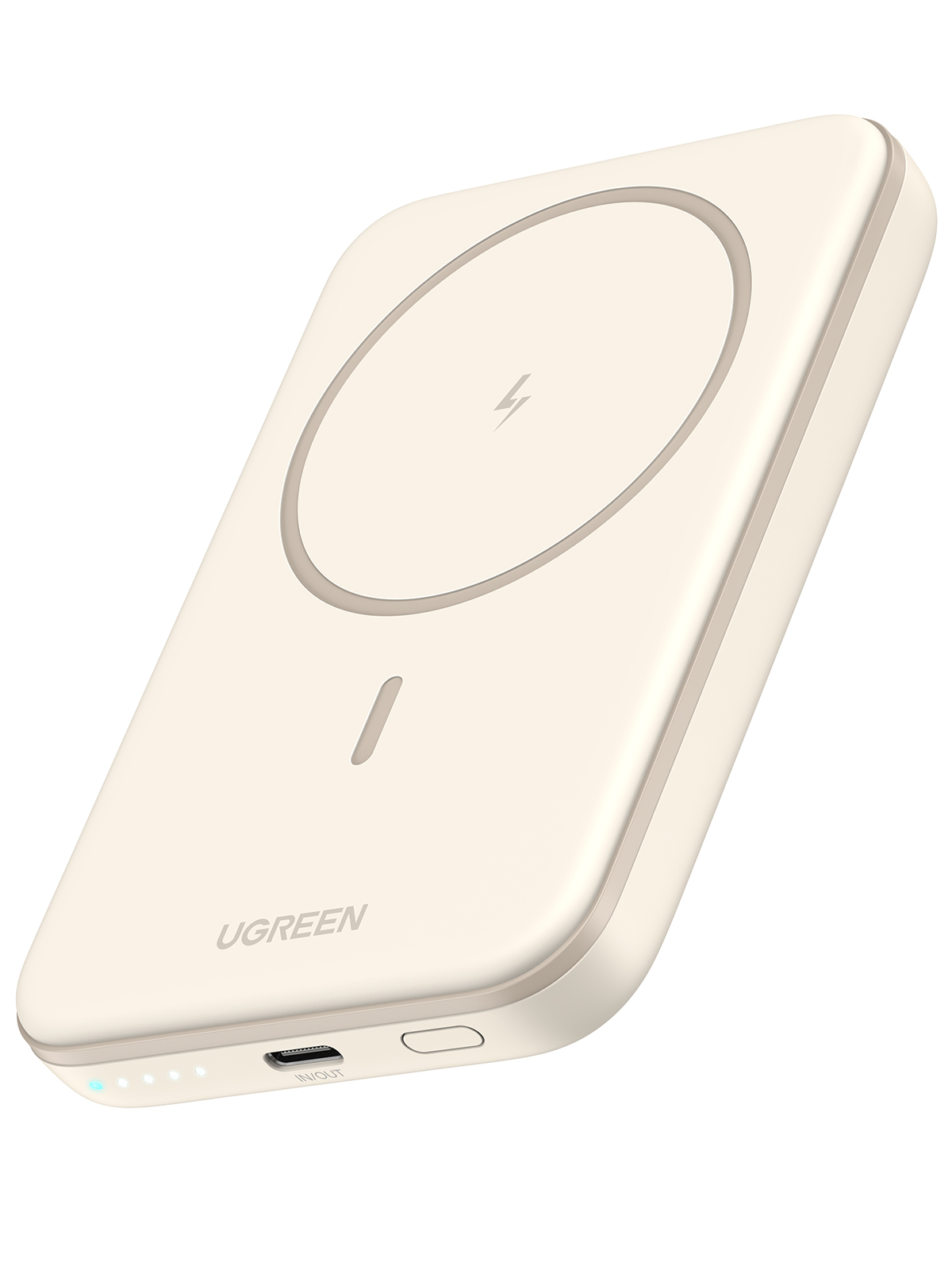 Dairesel bir şarj alanına ve bir USB-C portuna sahip krem rengi bir UGREEN kablosuz şarj cihazı.
