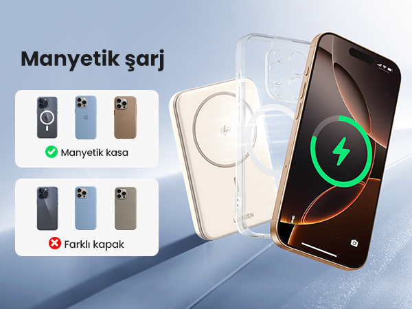 Bir iPhone, manyetik şarj cihazı ve koruyucu kılıflar. Telefon şarj simgesi gösteriyor.