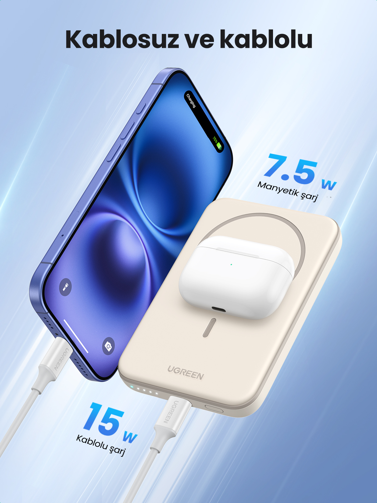 Bir telefon ve AirPods'lu kablosuz şarj pedi. Kablolar cihazlara takılı.