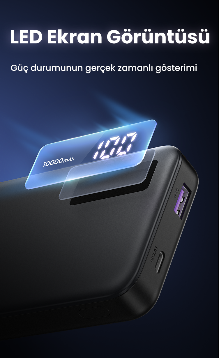 100 gösteren bir ekranı olan powerbank, şu metinle: 'LED Ekran Görüntüsü'.