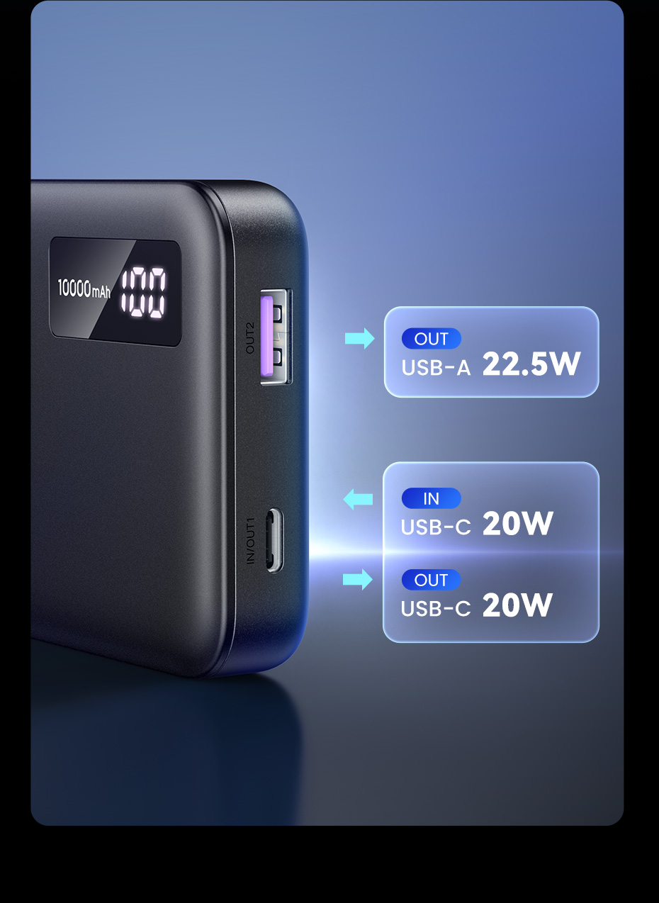 Etiketli bağlantı noktalarına sahip siyah powerbank. Ekranda %100 ve 10000mAh gösterir.