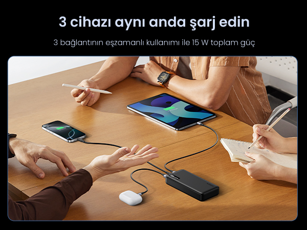 Cihazların şarj edildiği görüntü, eş zamanlı şarjı tanımlayan Türkçe metinle.