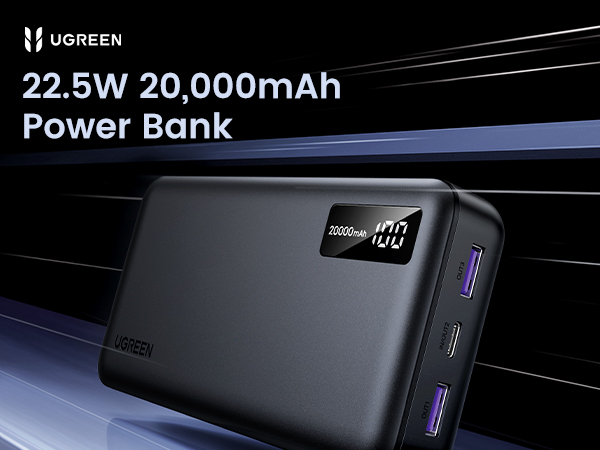 UGREEN 22,5W 20.000mAh power bank, siyah, %100 göstergeli ve portlu.