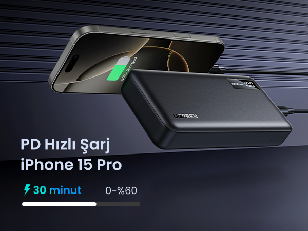 iPhone 15 Pro, bir power banktan şarj oluyor, 30 dakikada %60 gösteriyor.