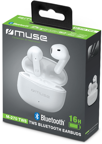 Doboz fehér fülhallgató képpel logóval, és szöveggel a Bluetooth-ról, a modellről és az akkumulátorról.