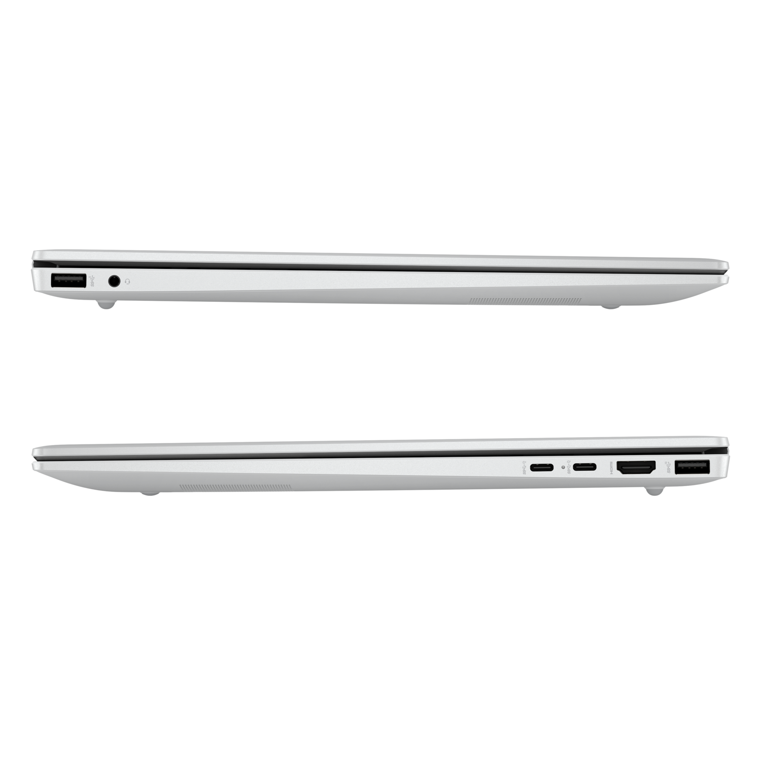 Twee zijaanzichten van een witte laptop, met poorten en design details.