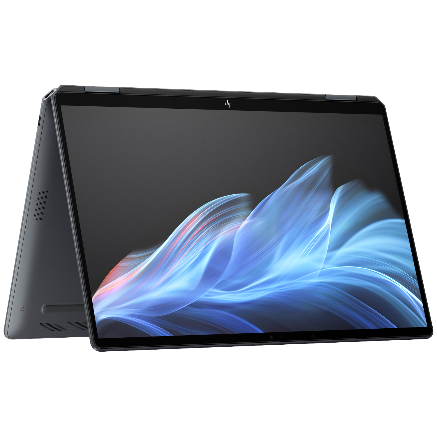 Een donkere laptop met een blauw-witte abstracte achtergrond op het scherm.