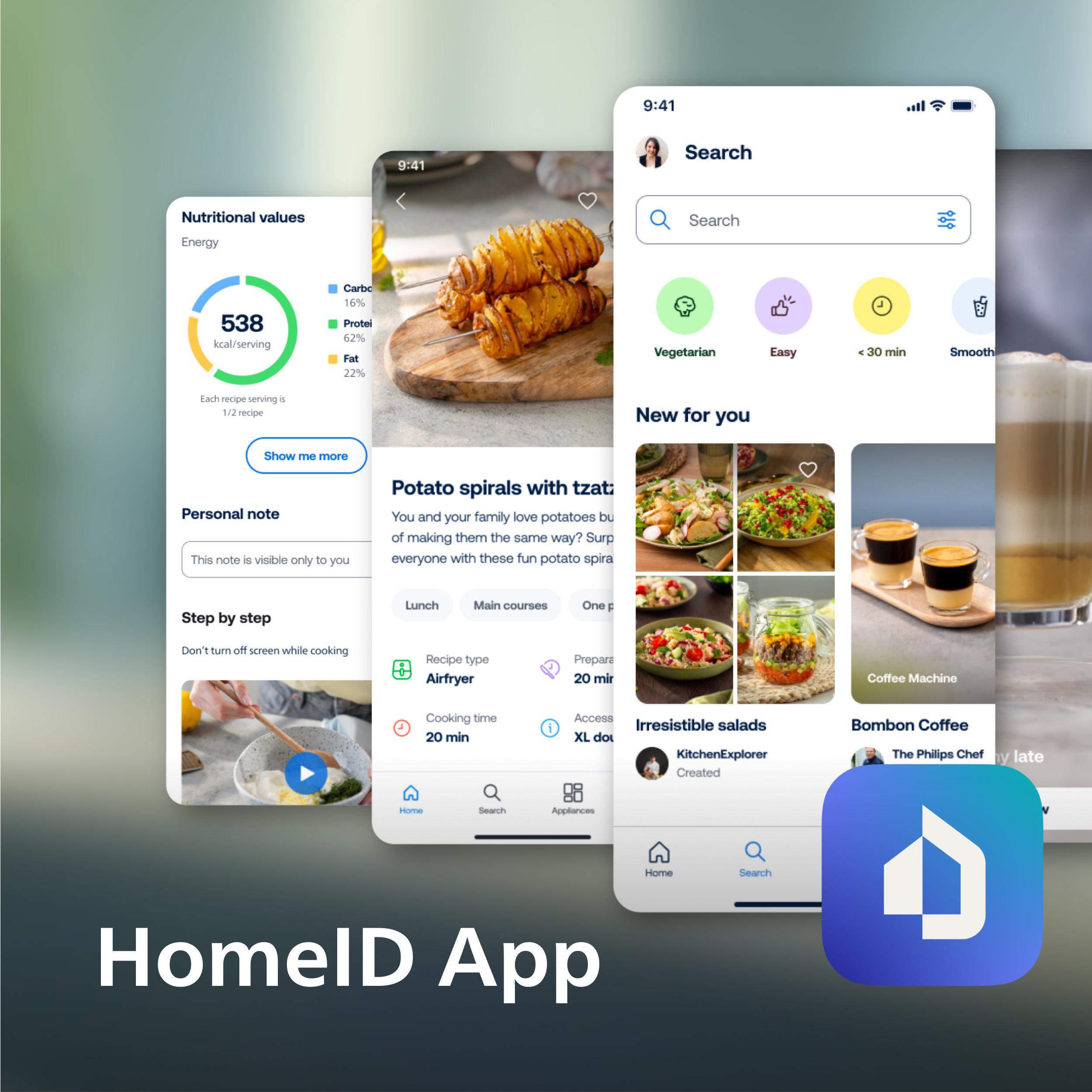 Screenshots der HomeID-App auf einem Telefon. Es zeigt Rezepte und Ernährungsinformationen. Weißer Hintergrund.