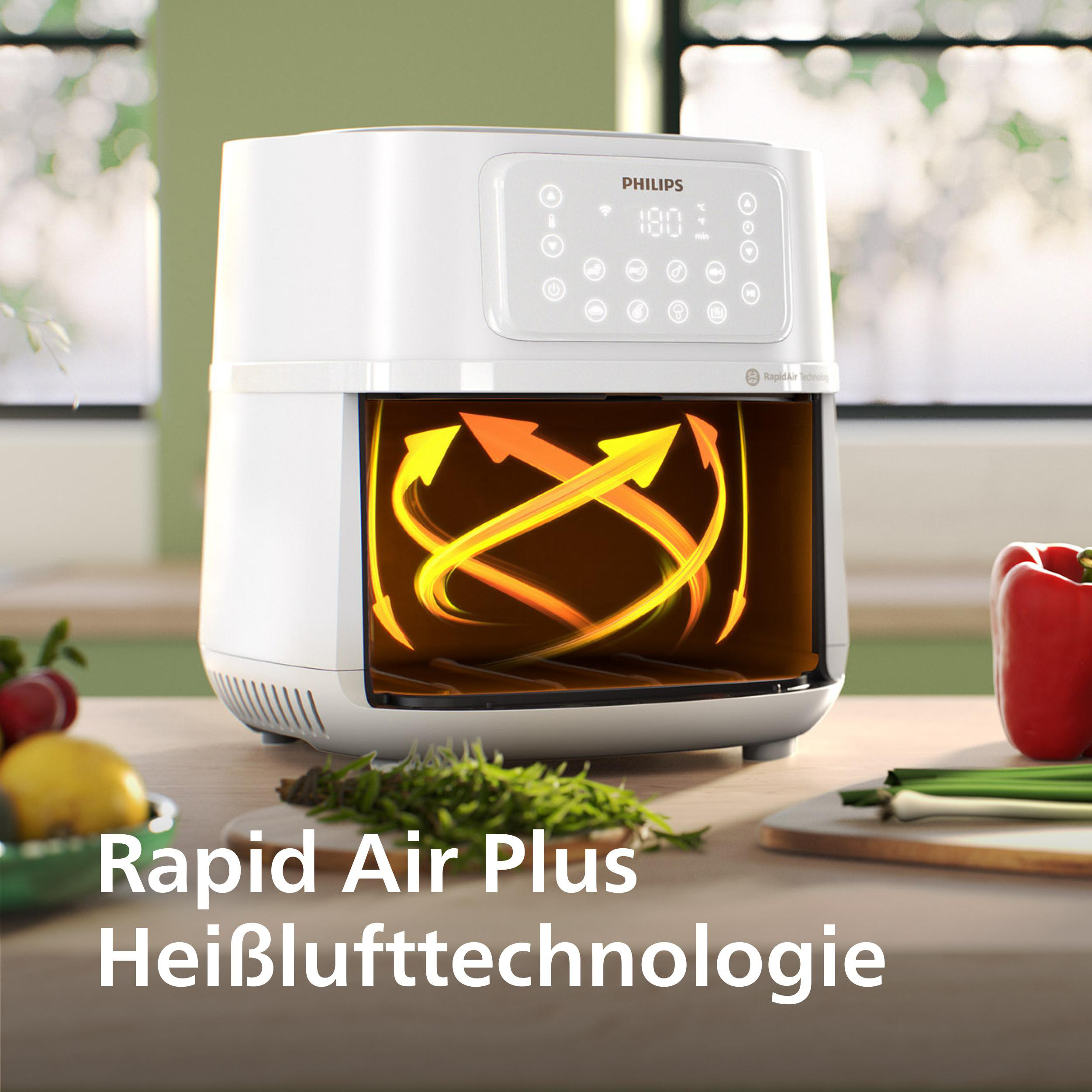 Weißer Heißluftfritteuse mit orangefarbenen Pfeilen, die die Rapid Air Plus-Technologie anzeigen. Grüner Hintergrund.