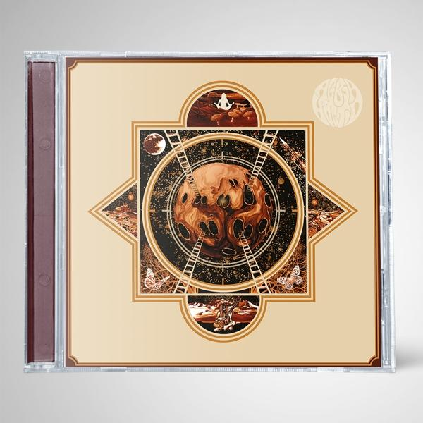 CD-Cover, braunes Himmelsdesign mit Leitern, Schmetterlingen und einem Mond.