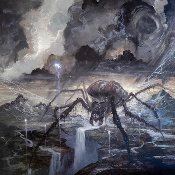 Illustration einer riesigen Spinne in einer dunklen Landschaft. Wolken, Berge und Netze.