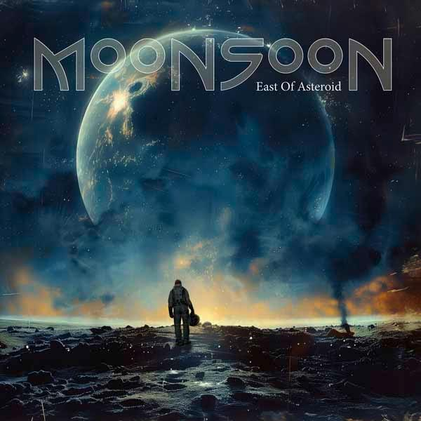 Albumcover mit einem Mann vor einem Planeten und einer Figur in einer Landschaft.