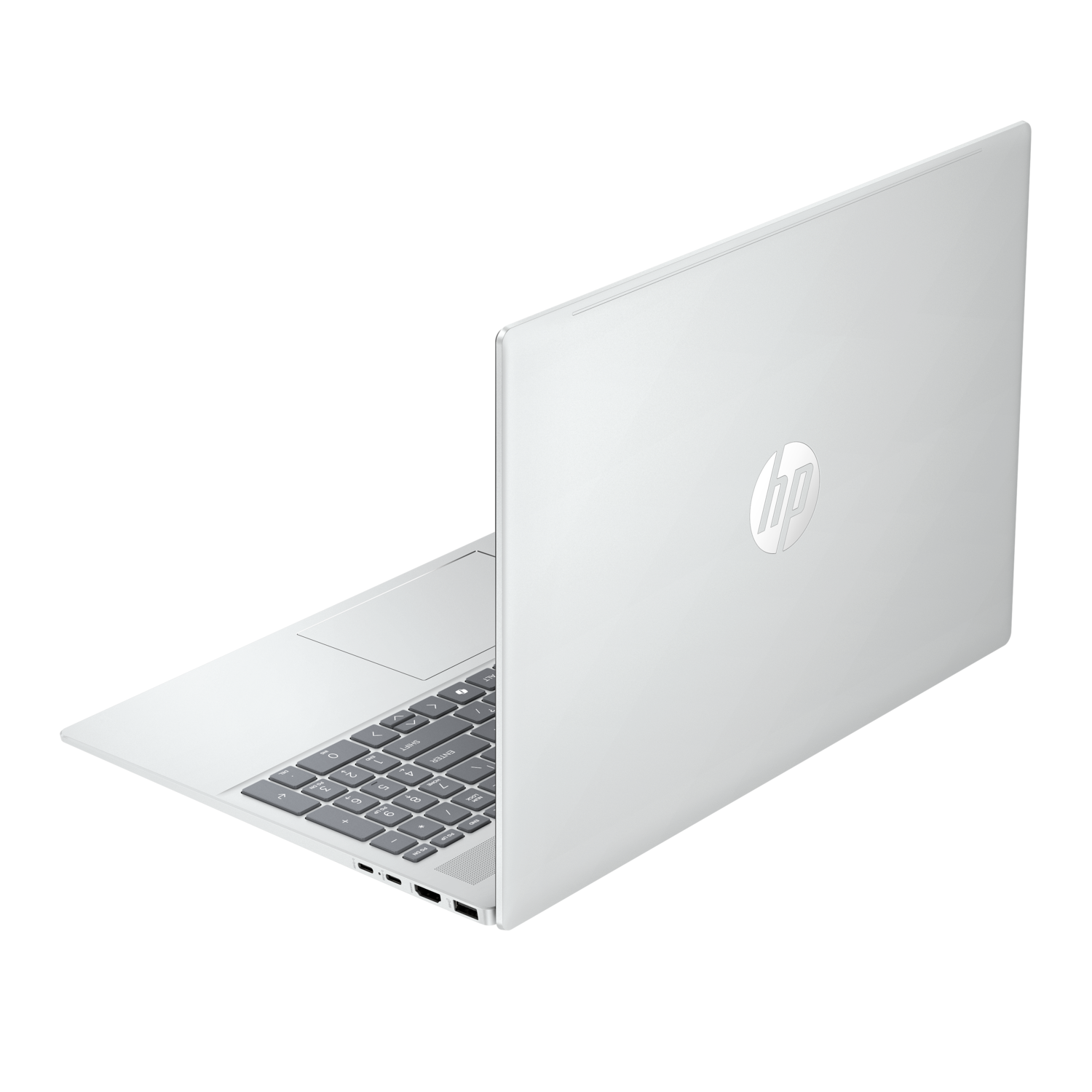 Zilveren laptop, achteraanzicht, met het HP-logo op een zwarte achtergrond.