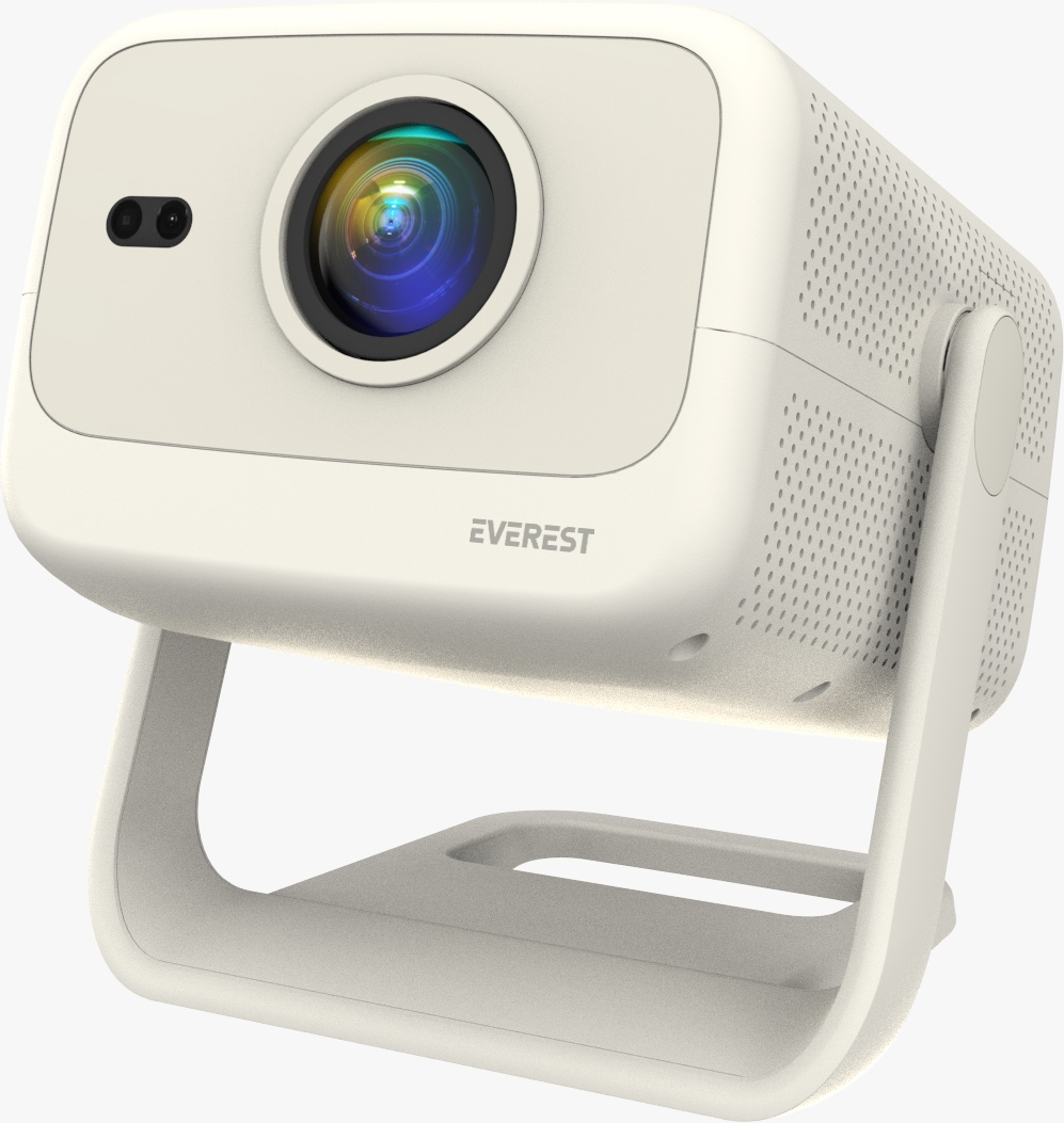 Beyaz projektör, mercekle, bir stand üzerinde ve Everest logosuyla.
