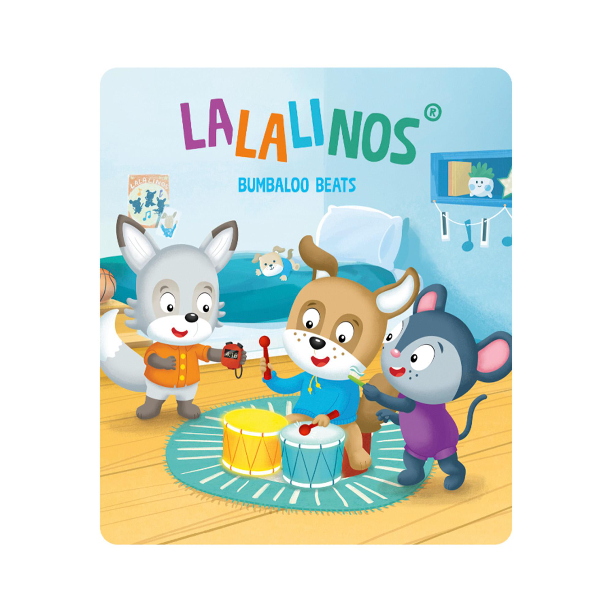 Illustration von drei Zeichentieren, die Schlagzeug spielen. Ein Fuchs hält eine Blockflöte.