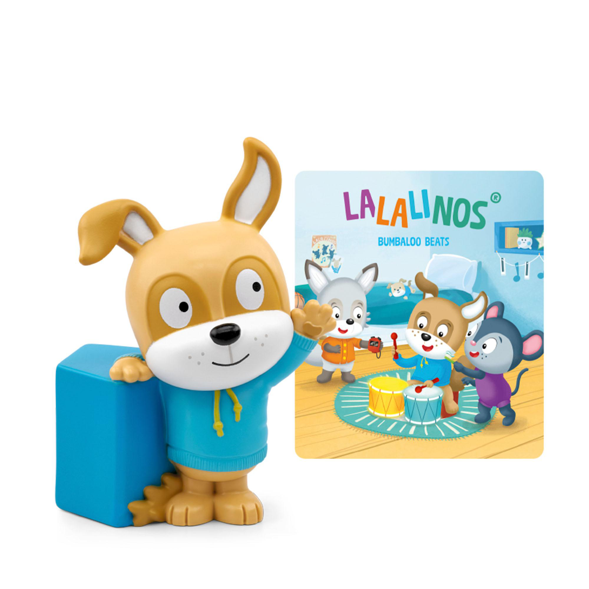 Eine Cartoon-Hundefigur neben einem Cover-Art, das drei Tiere beim Schlagzeugspielen zeigt.