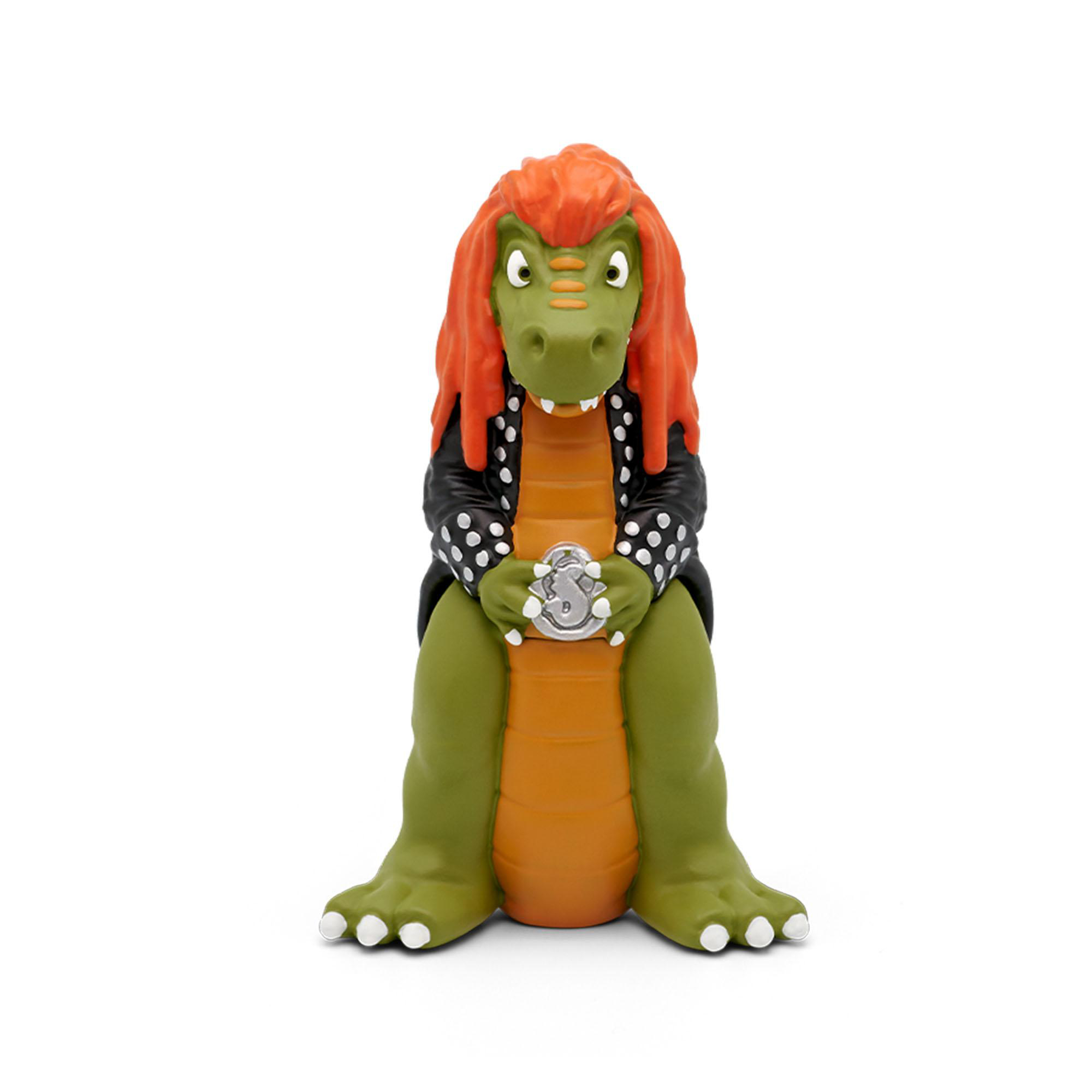 Eine Zeichentrick-Alligatorfigur mit roten Haaren und Jacke, lächelnd auf weißem Hintergrund.