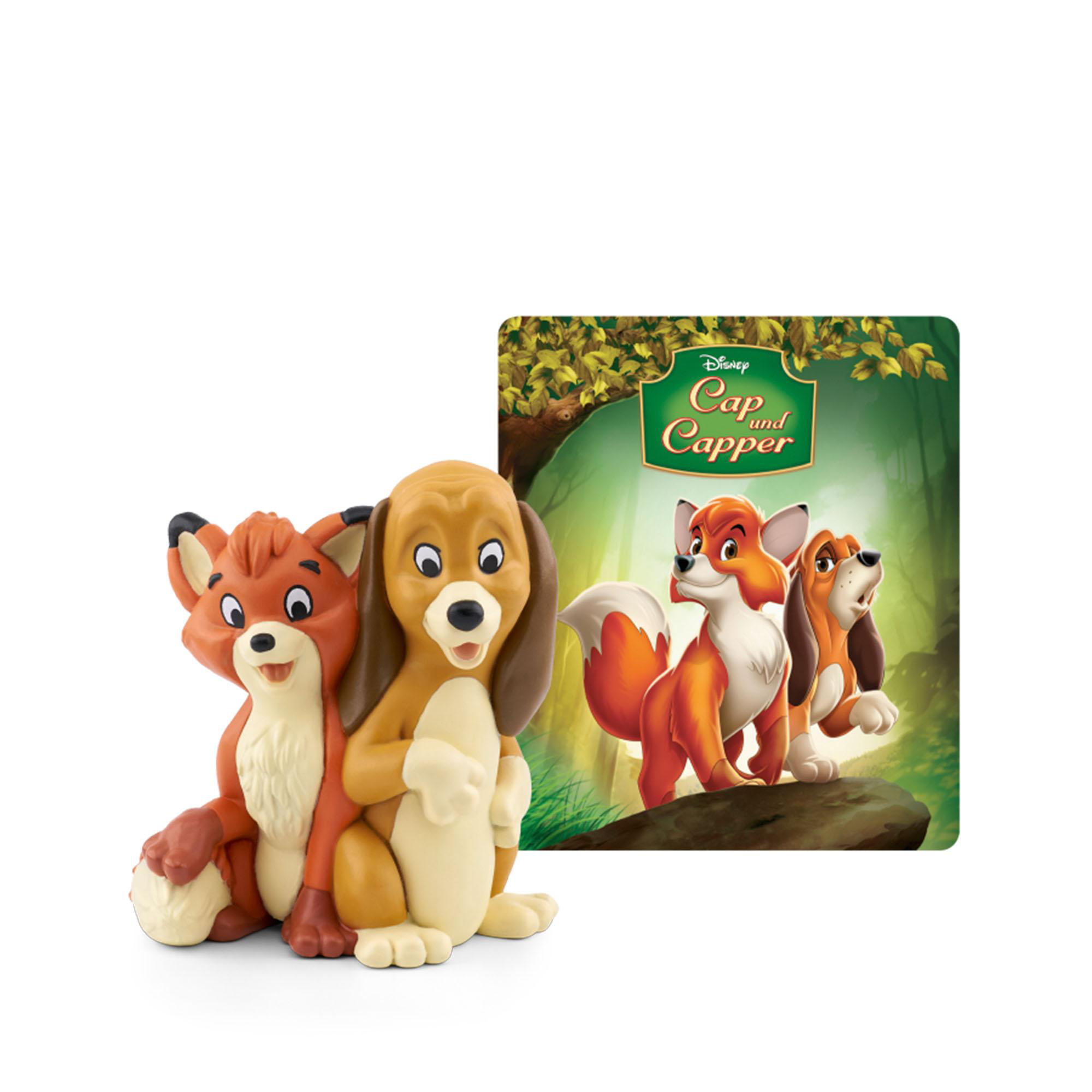 Eine Fuchs- und Hundefigur neben einem Cover-Art eines Disney-Films auf weißem Hintergrund.