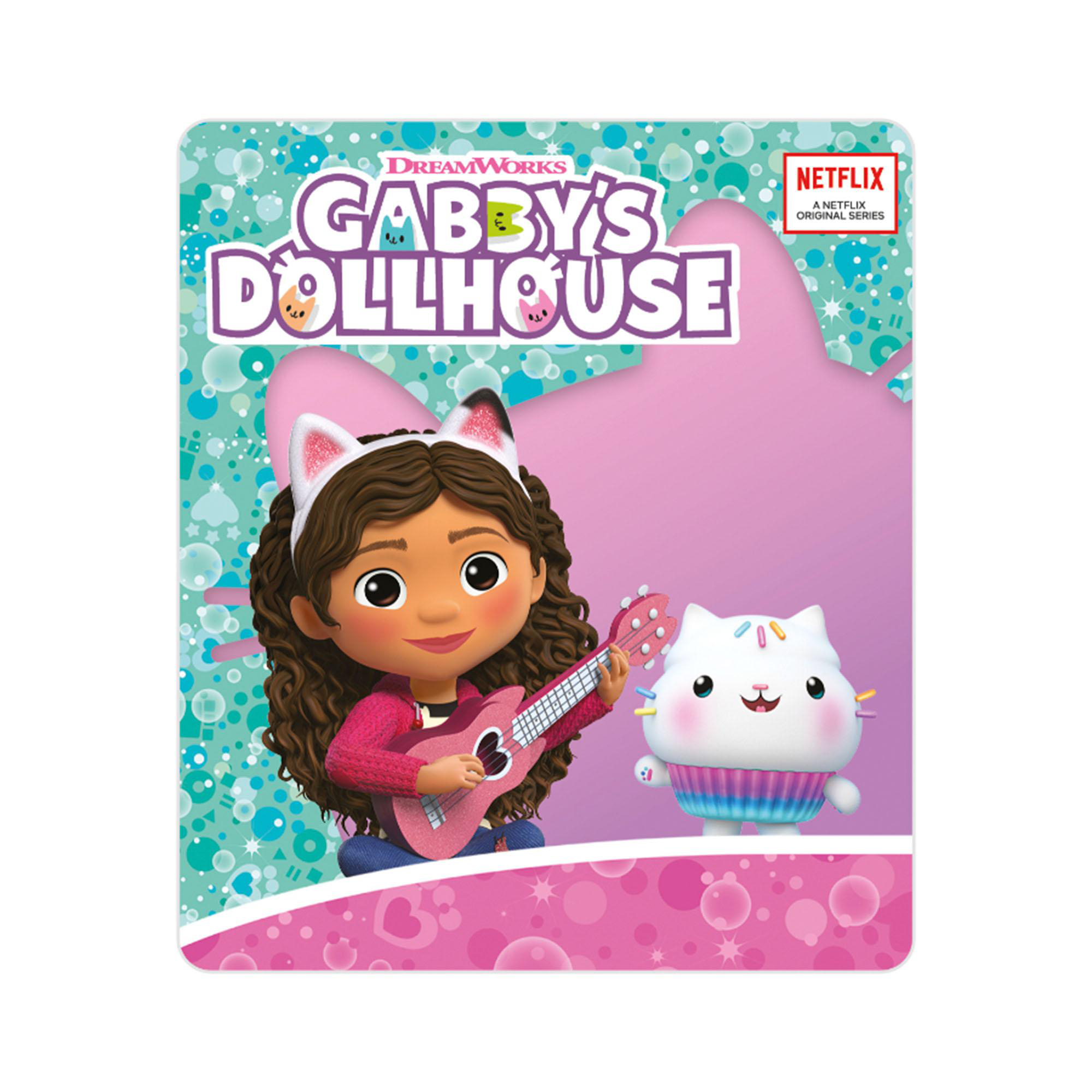 Ein Cartoon-Mädchen mit Gitarre und Cupcake-Katze, auf farbenfrohem Hintergrund.
