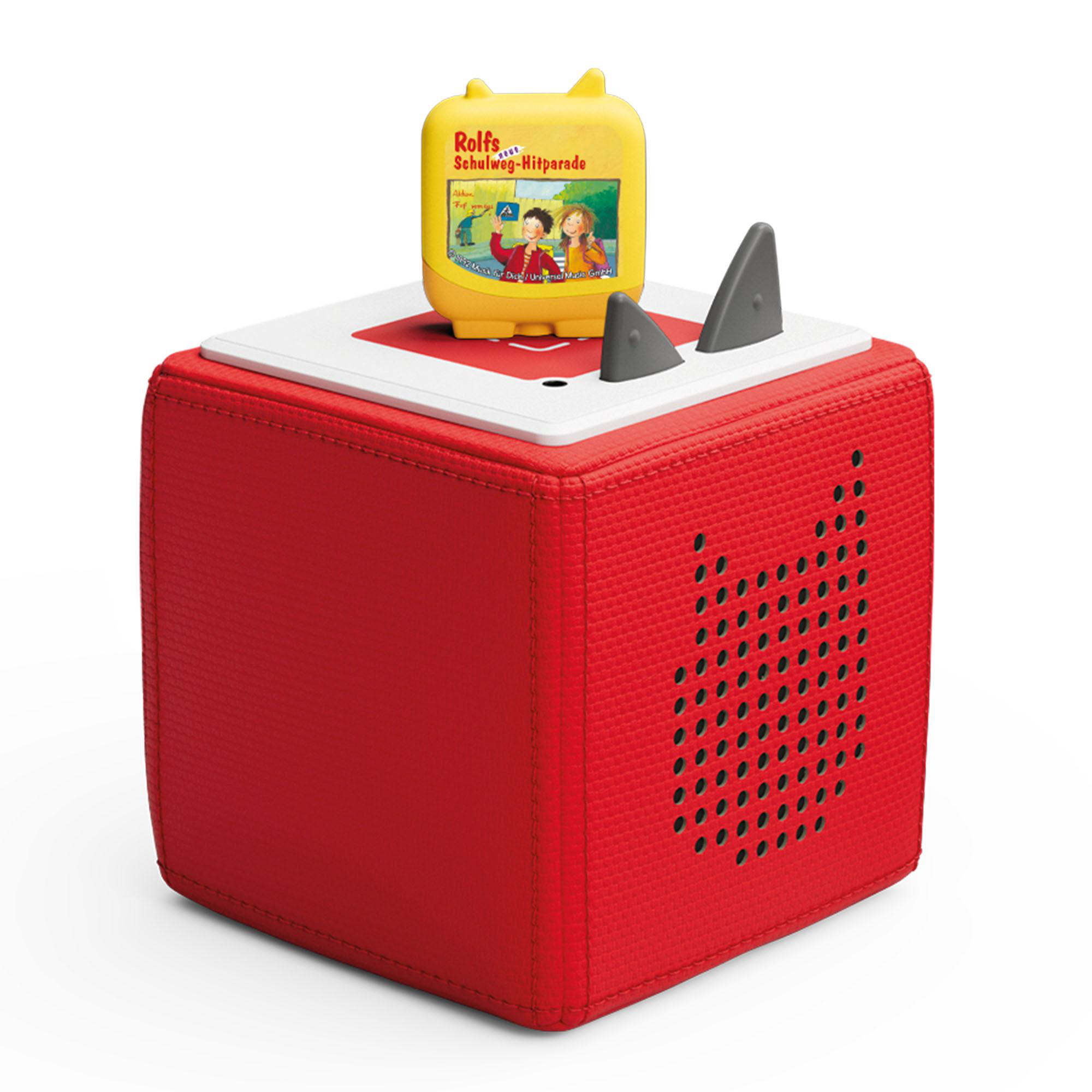 Ein gelbes Spielzeug mit einem Bild von zwei Kindern und einer roten Box.