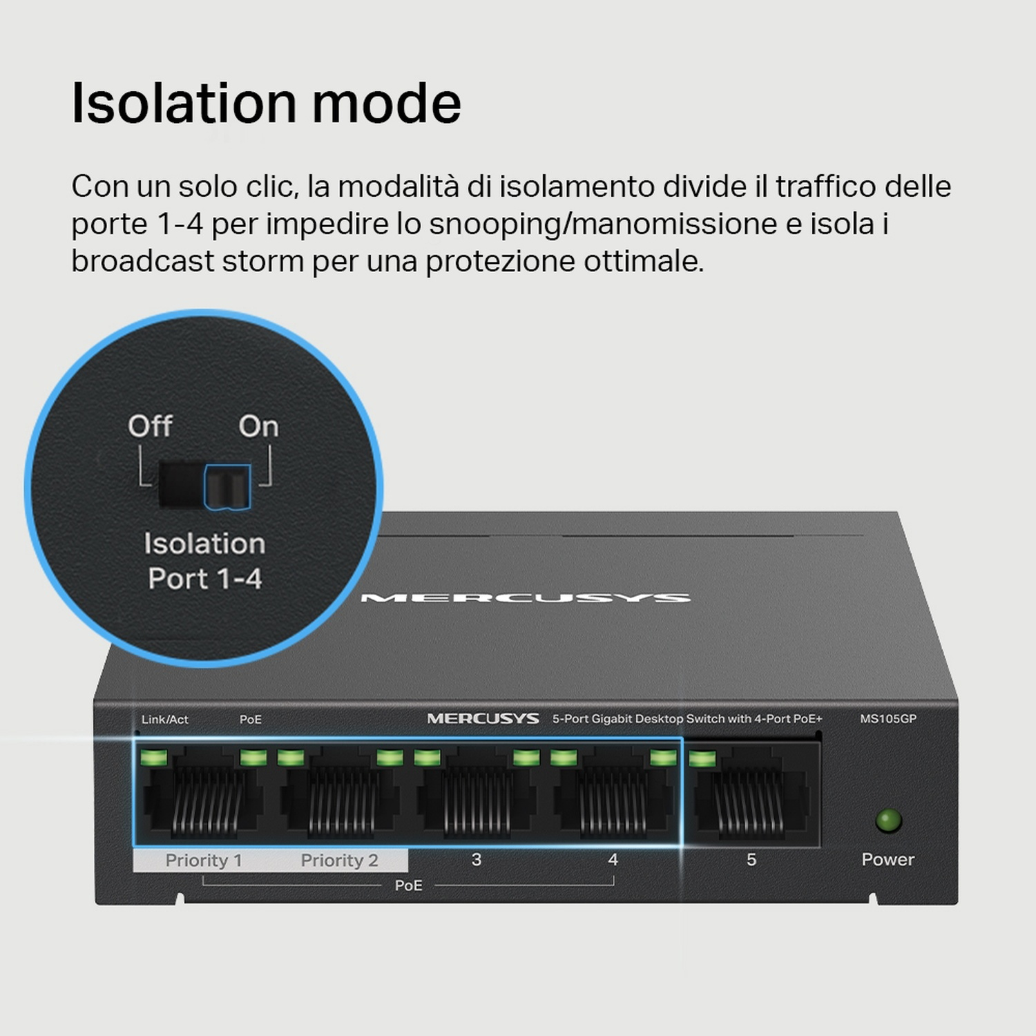 Switch di rete con modalità isolamento, porte 1-4 isolabili. Indicatori di alimentazione e stato porte visibili.