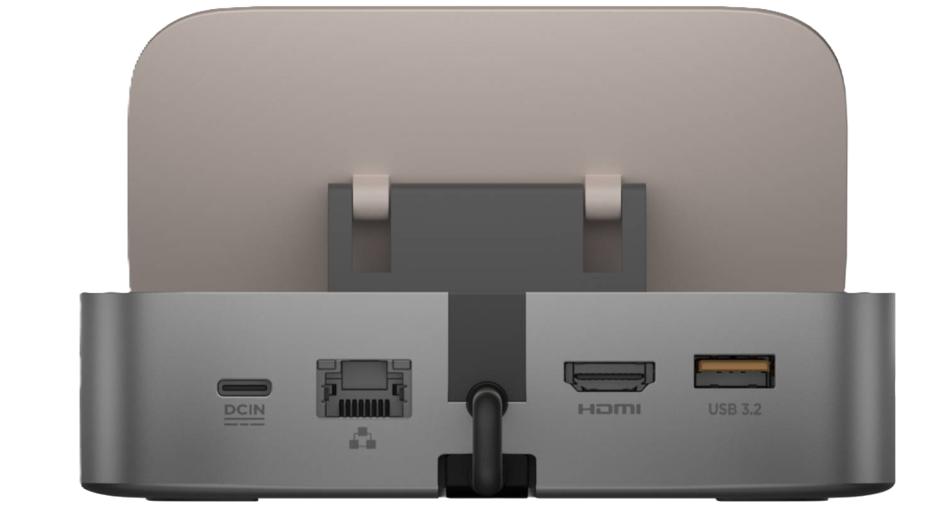 Rückansicht einer Dockingstation mit Anschlüssen: DC IN, Ethernet, HDMI und USB 3.2. Beige Oberseite.