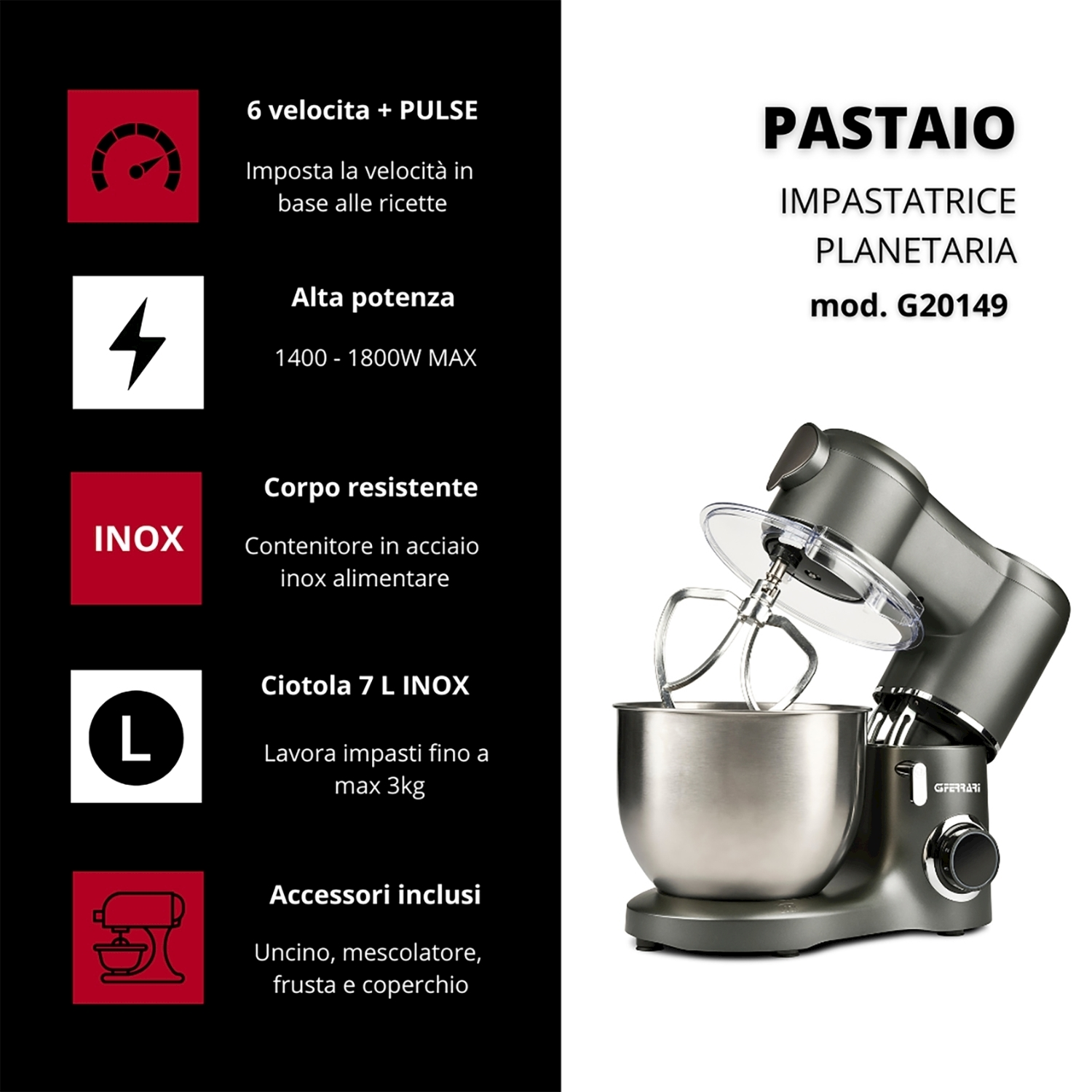 Impastatrice planetaria con descrizione delle sue caratteristiche. Include accessori come un gancio.