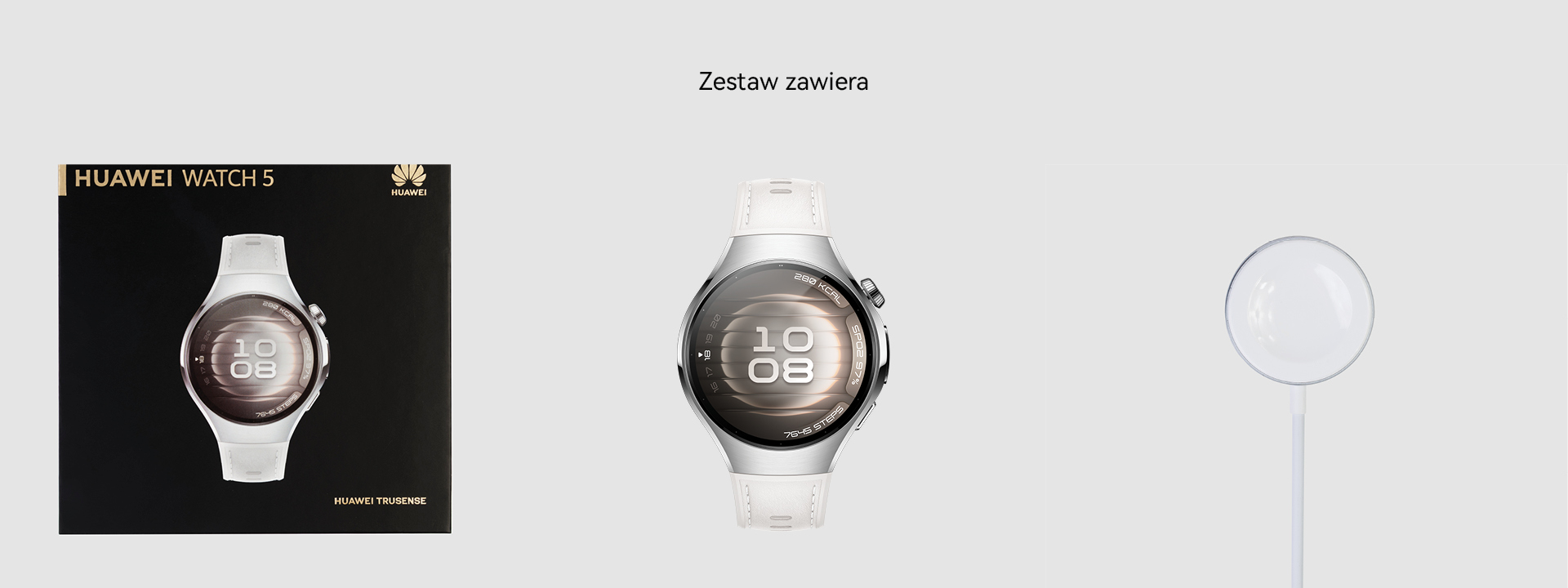 Pudełko smartwatcha, smartwatch i podstawka ładująca na jasnym tle.