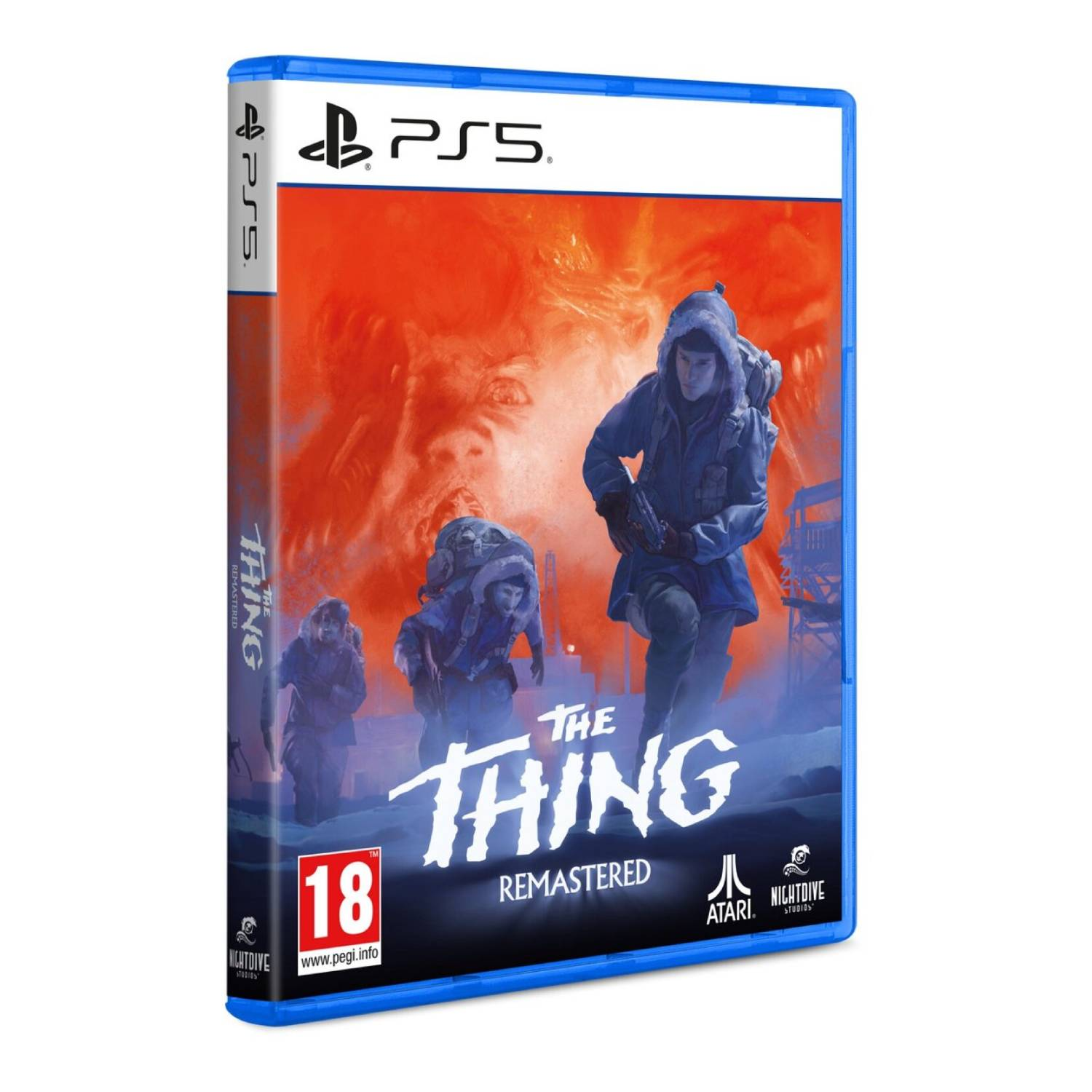 Gamebox voor "The Thing Remastered" voor PS5, met man in de sneeuw.