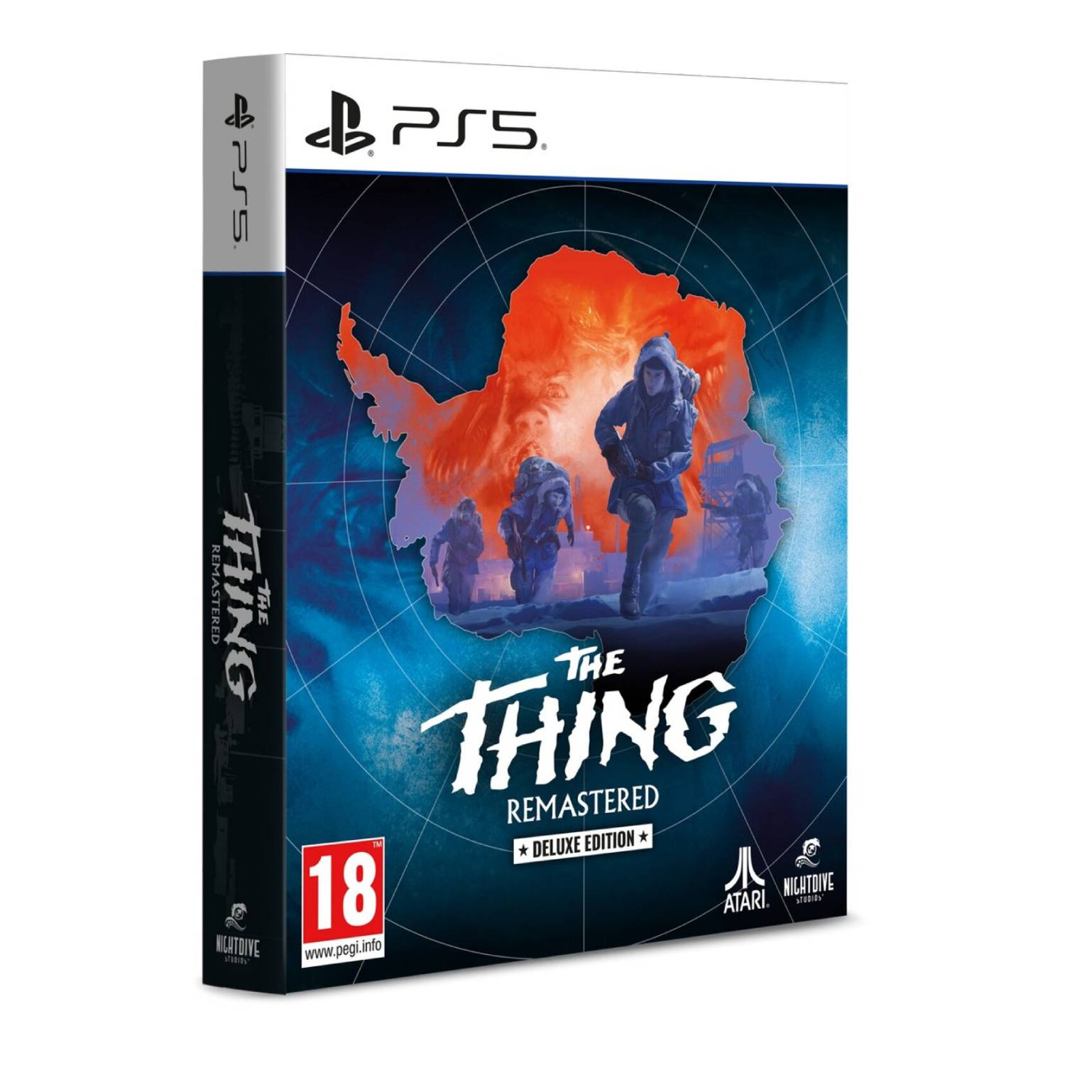 De gamebox van The Thing Remastered, met een besneeuwd landschap met rennende figuren en logo.