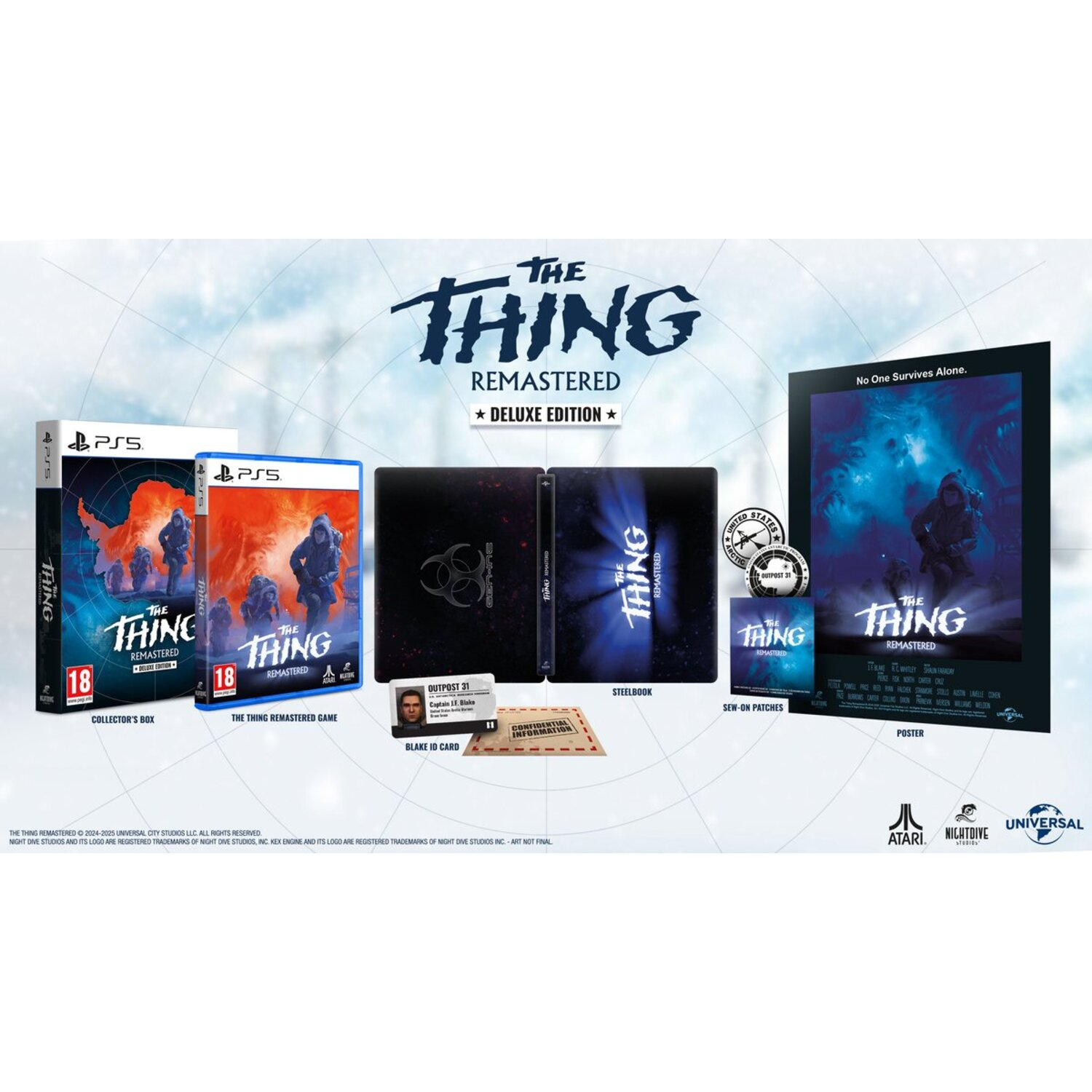 The Thing Remastered Deluxe Edition, inclusief game, doos, steelbook, patches, ID-kaart en poster.