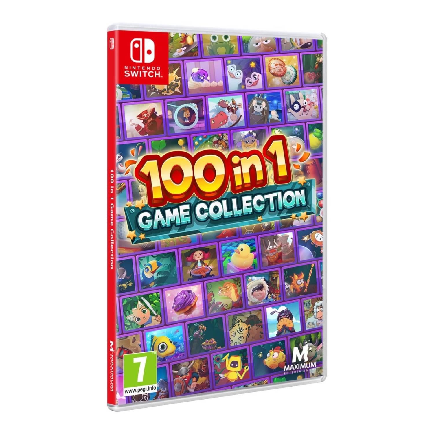 Boîte de jeu : '100 in 1 Game Collection'. Couverture colorée avec personnages, logo Nintendo Switch.