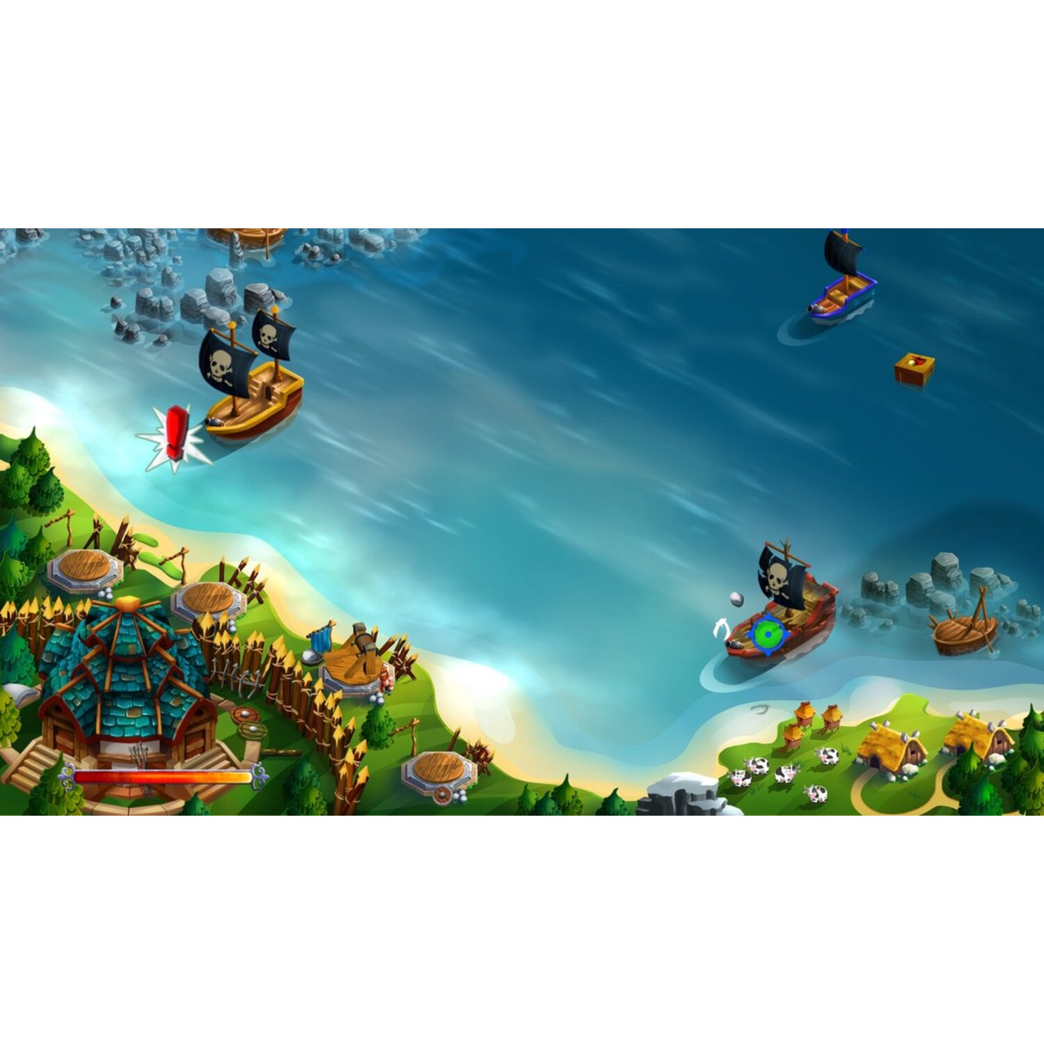 Scène de dessin animé : Pirates sur des bateaux près d'une plage. Îles, mer et ciel bleu clair.