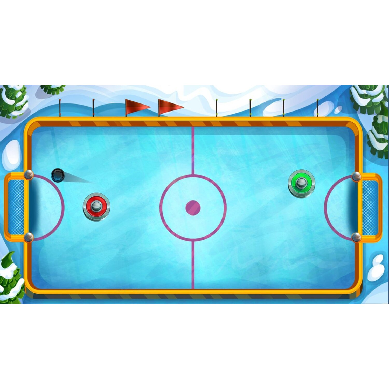 Vue du jeu de hockey. Patinoire bleue, buts, joueurs rouges et verts, palet noir, drapeaux.
