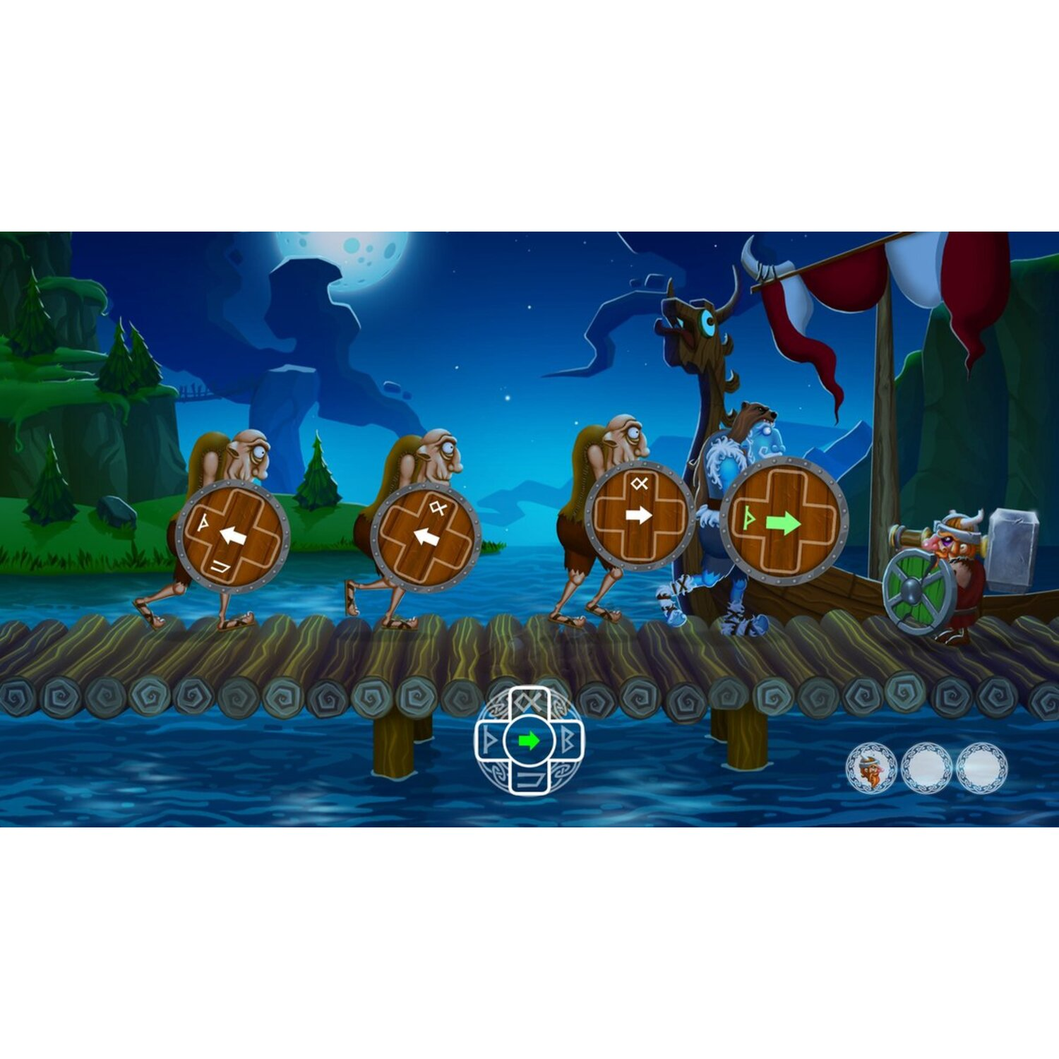 Scène de jeu : Vikings sur un pont en bois. Ils tiennent des boucliers avec des flèches, une charrette et pleine lune.