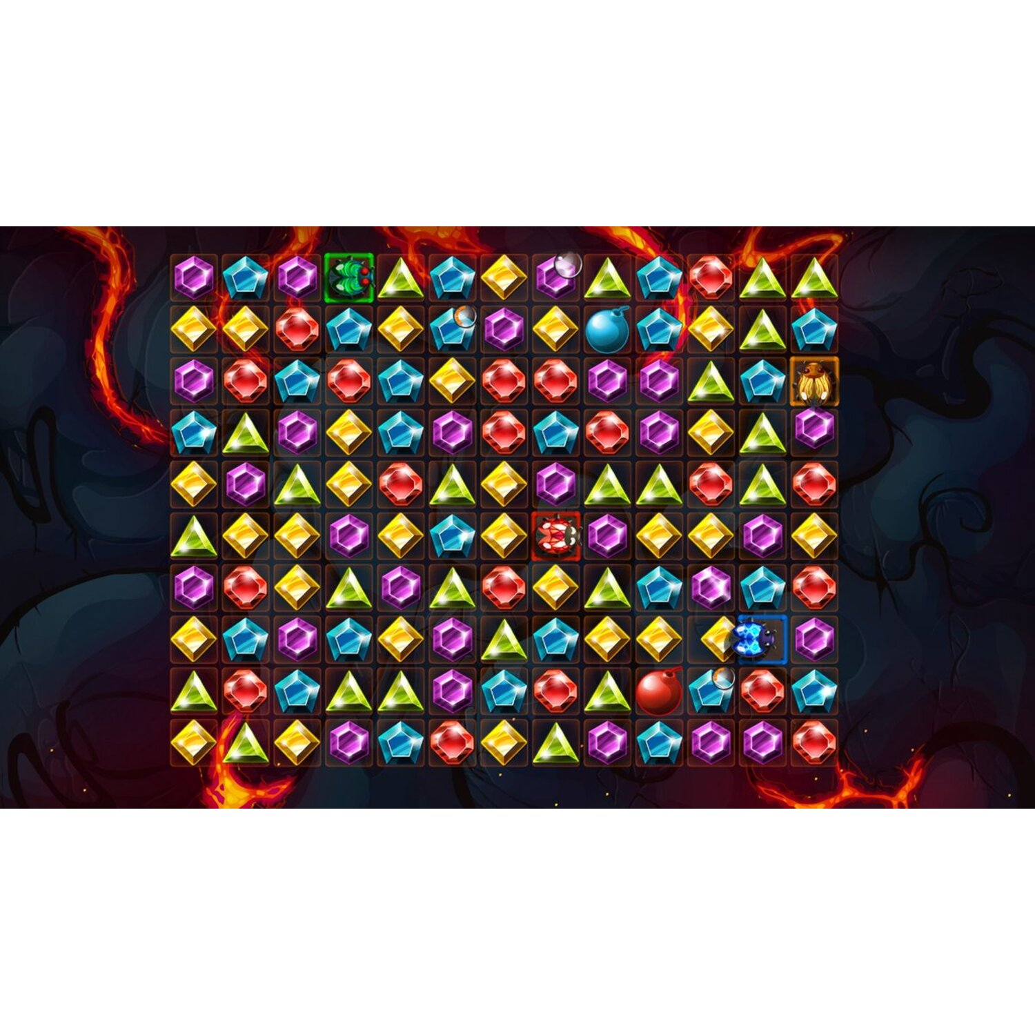 Jeu de puzzle : Gemmes colorées dans une grille. Gemmes rouges, bleues, vertes, jaunes dans une grille.