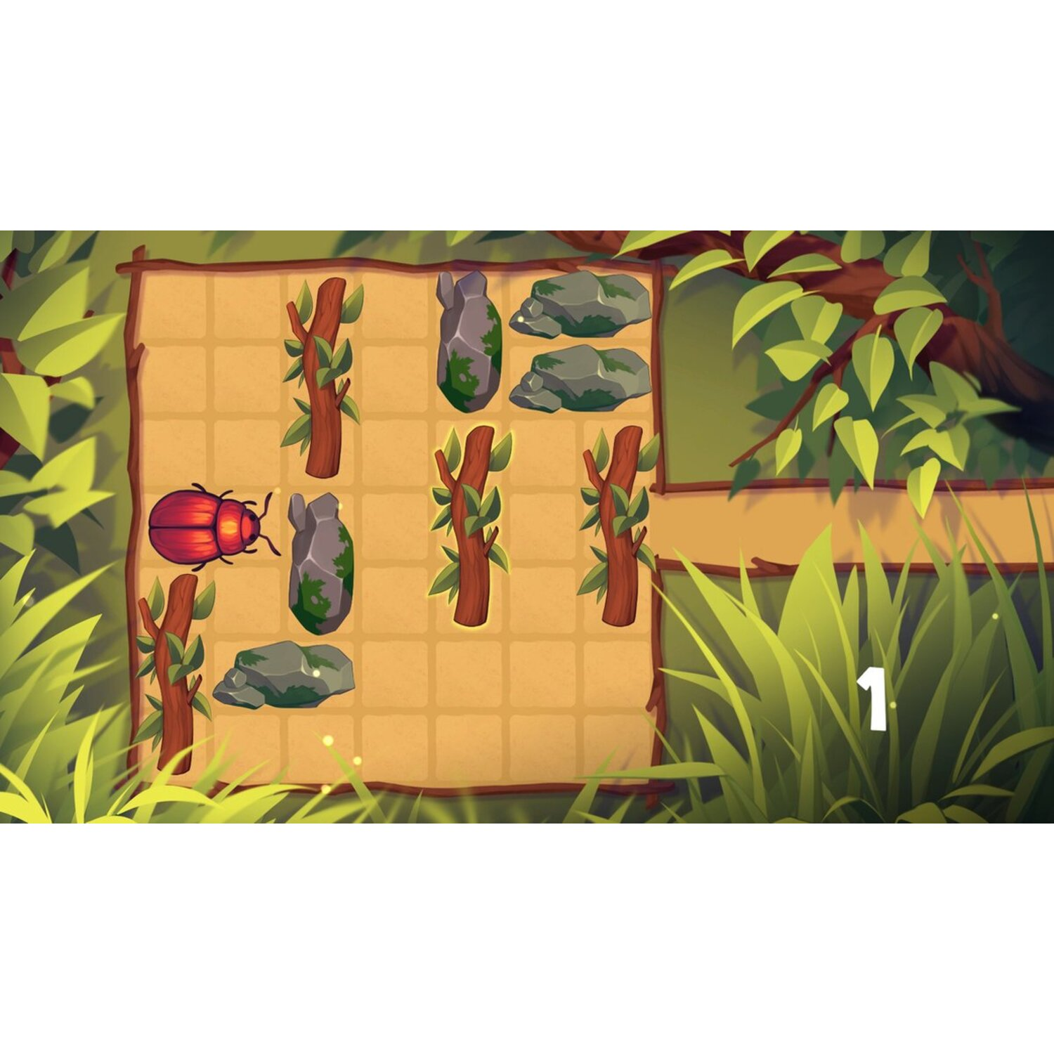 Jeu de puzzle avec un scarabée et des pierres. Le scarabée et les rochers sont disposés sur une grille, avec le chiffre 1.