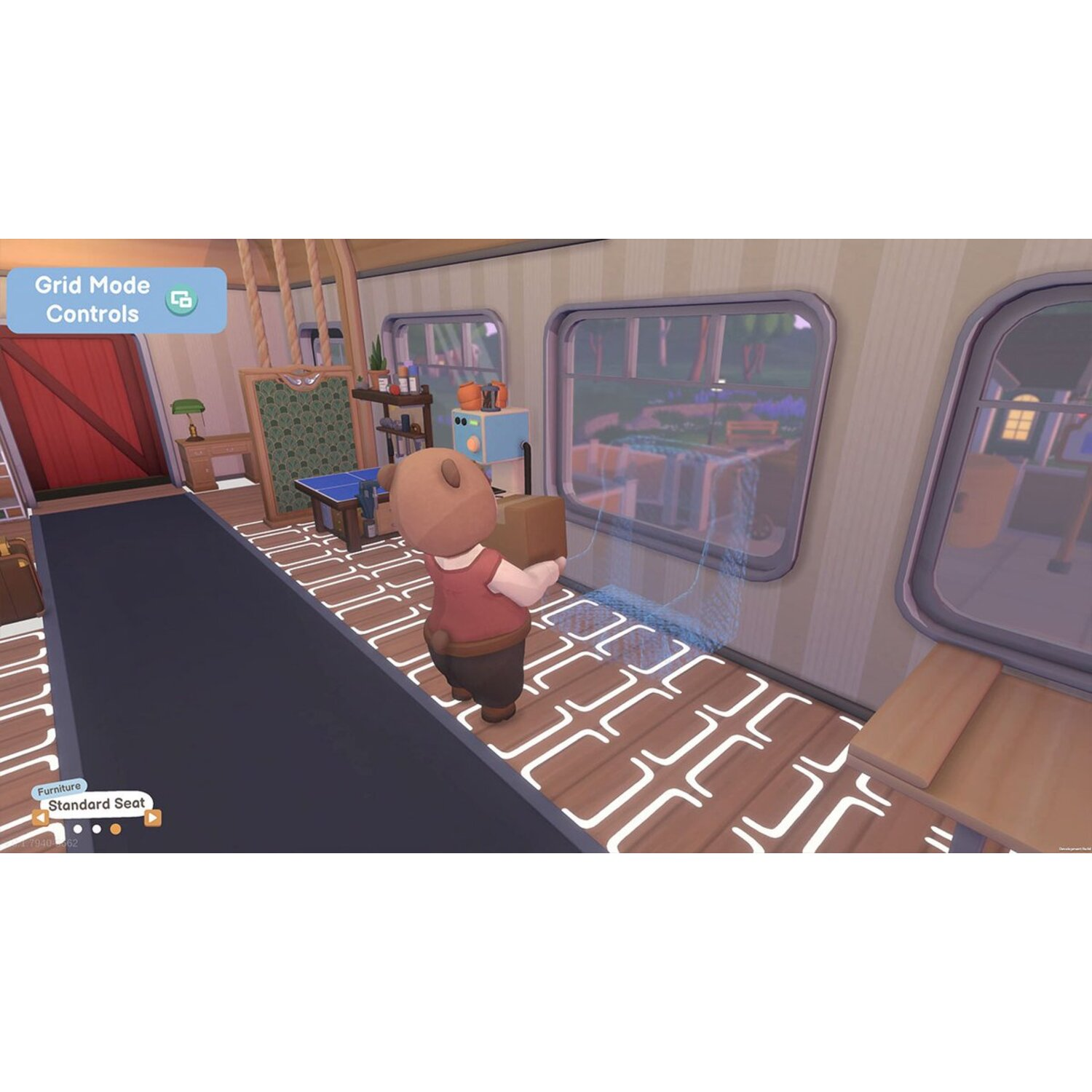 Game scene: Beer karakter in een huis. Hij houdt een doos vast, er zijn ramen en meubels.