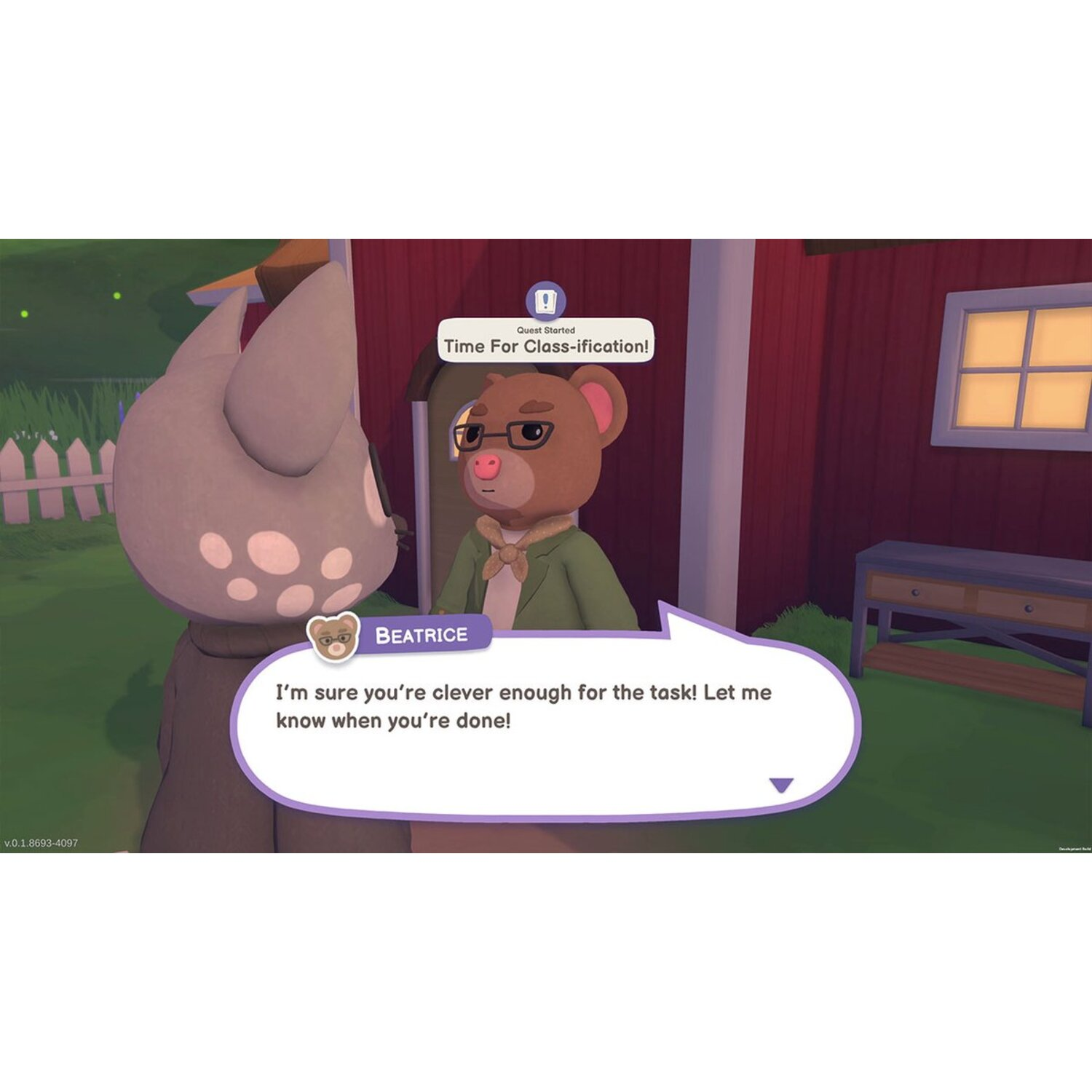 Gamescène: Personages praten. Een beer en een hert staan voor een huis. Spraakballon.