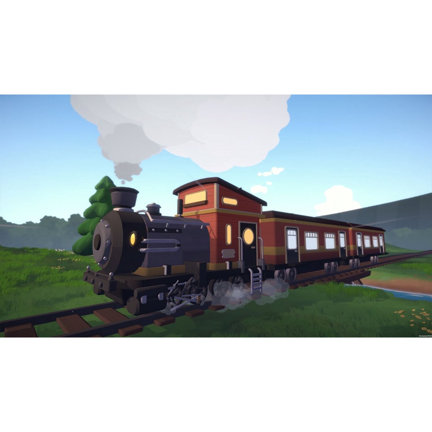 Gamescène: Een trein op rails. Bomen, lucht en een wolk op de achtergrond.