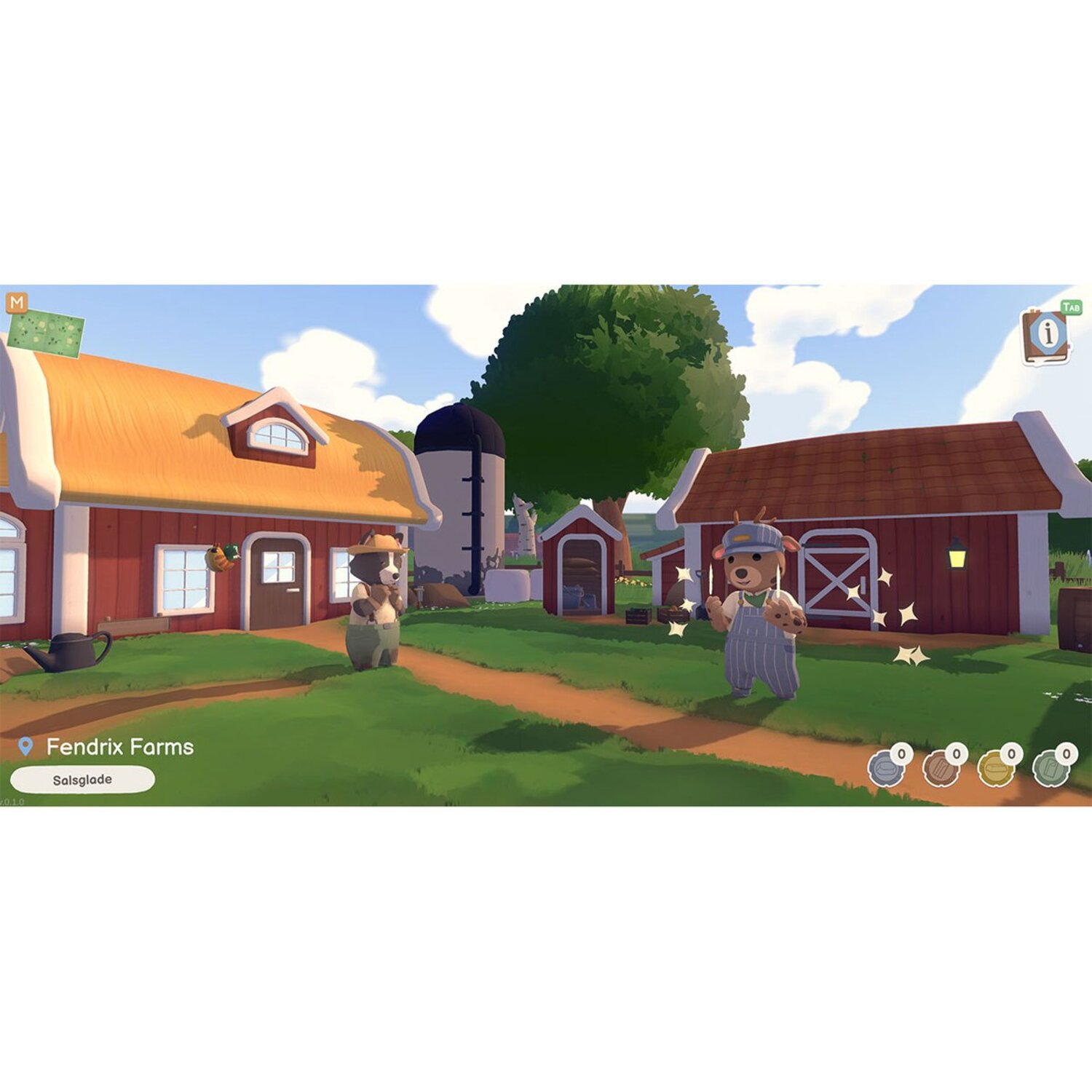 Gamescène: Twee beer personages, rode en witte huizen, een boom en een boerderij.