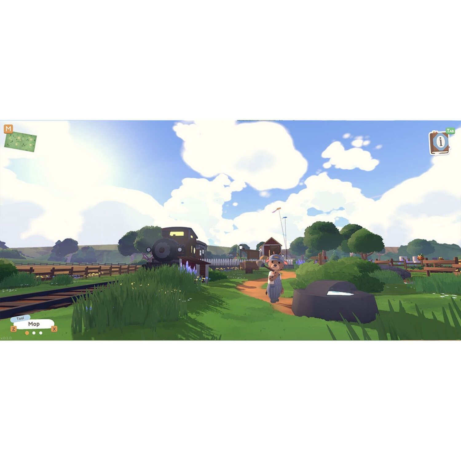 Gamescène: Beer karakter wandelt, een auto, bomen, huizen en een lucht met wolken.